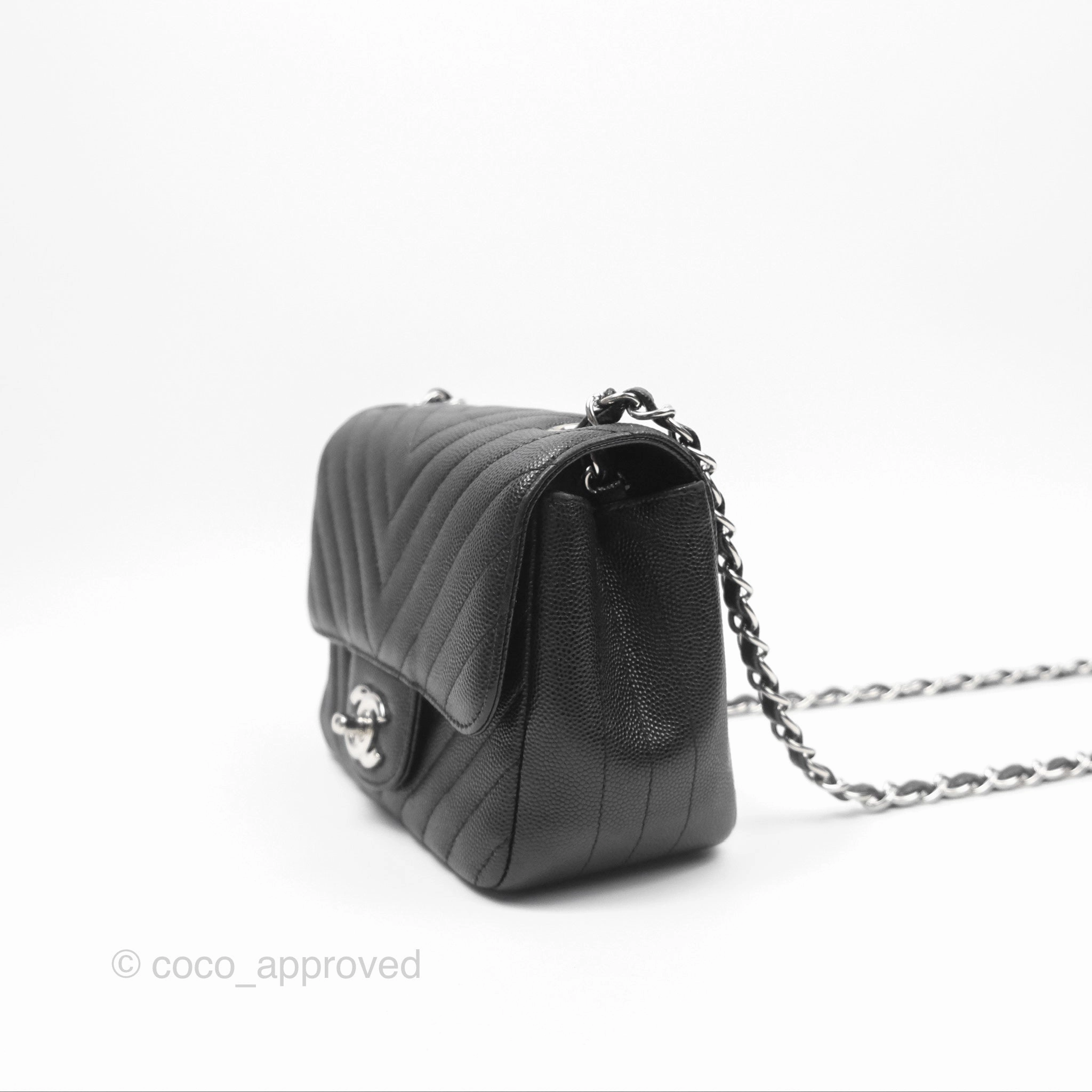 Chanel Mini Square Chevron Black Caviar Silver Hardware