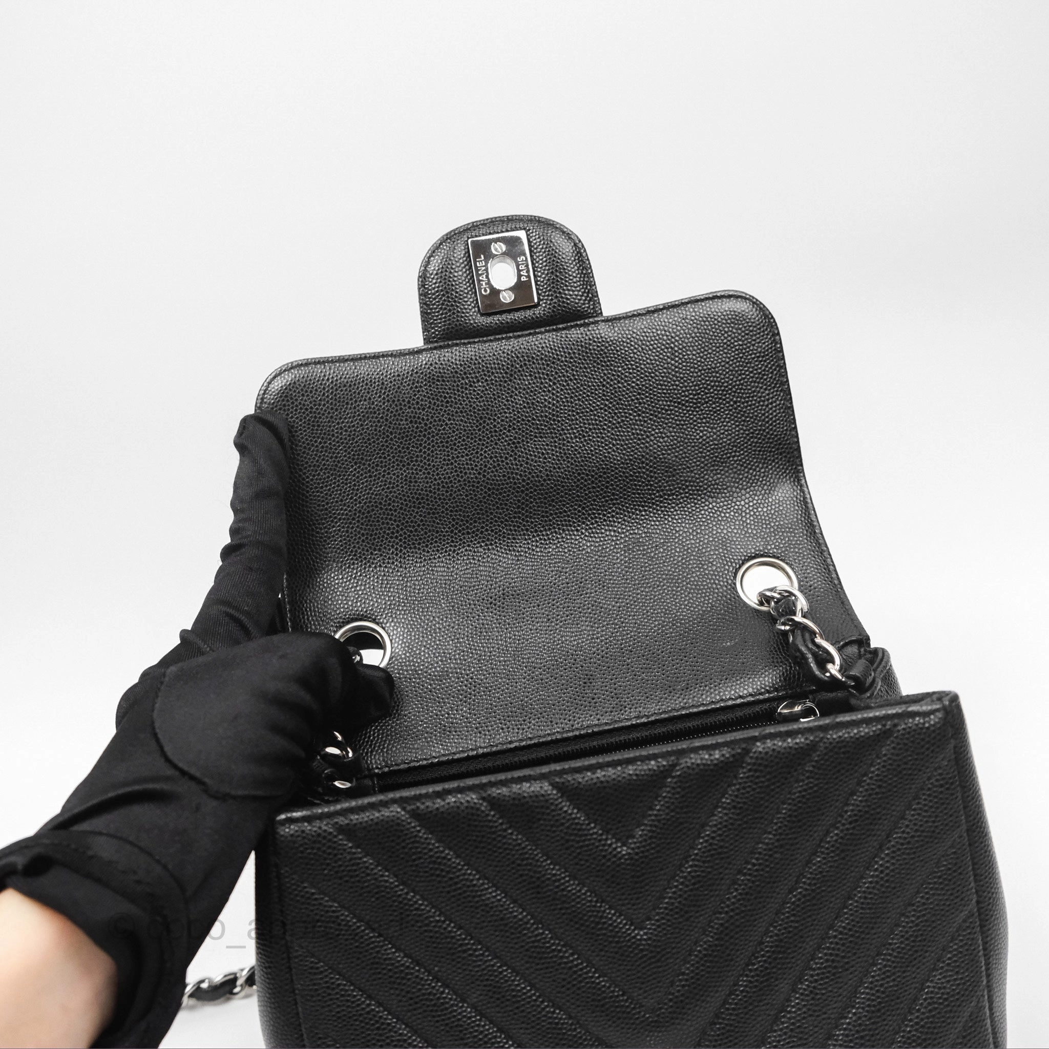 Chanel Mini Square Chevron Black Caviar Silver Hardware