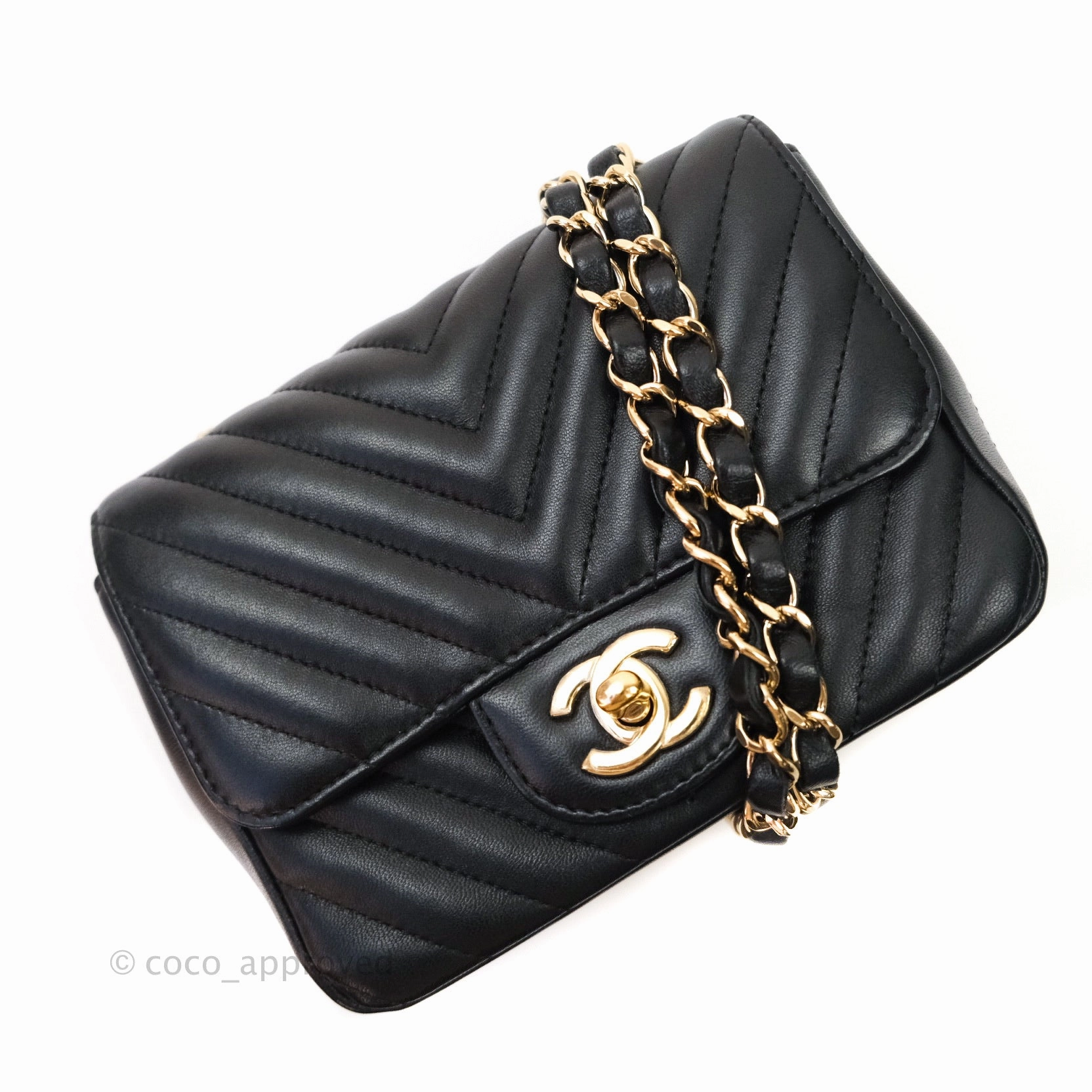 Chanel Mini Square Chevron Black Lambskin Gold Hardware