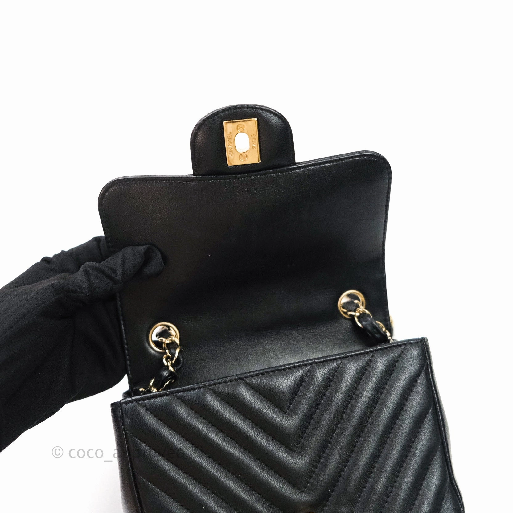 Chanel Mini Square Chevron Black Lambskin Gold Hardware
