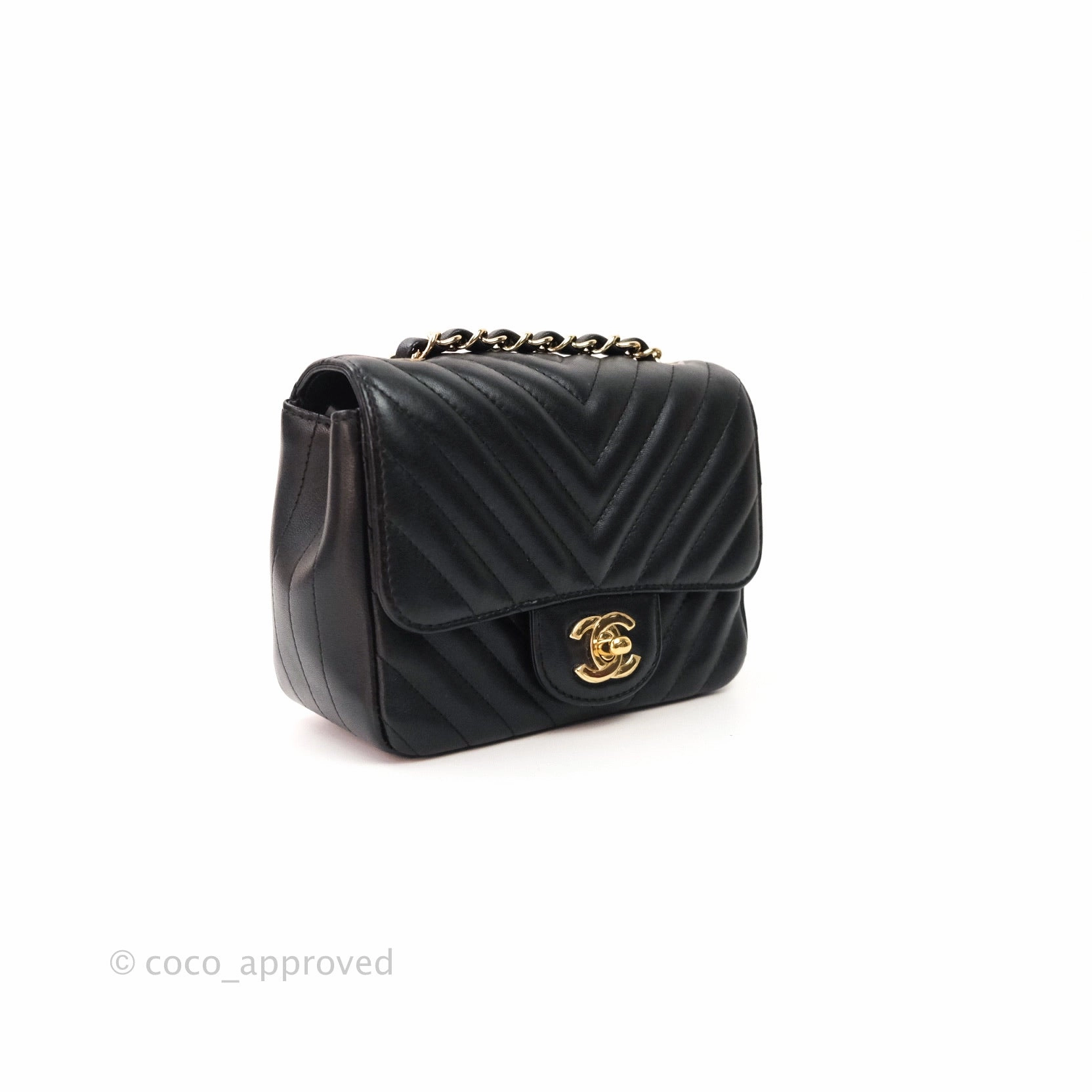 Chanel Mini Square Chevron Black Lambskin Gold Hardware