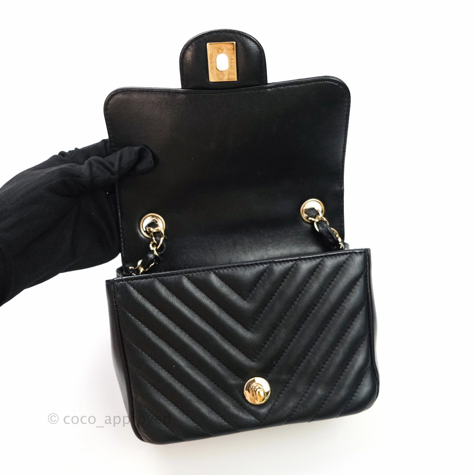 Chanel Mini Square Chevron Black Lambskin Gold Hardware