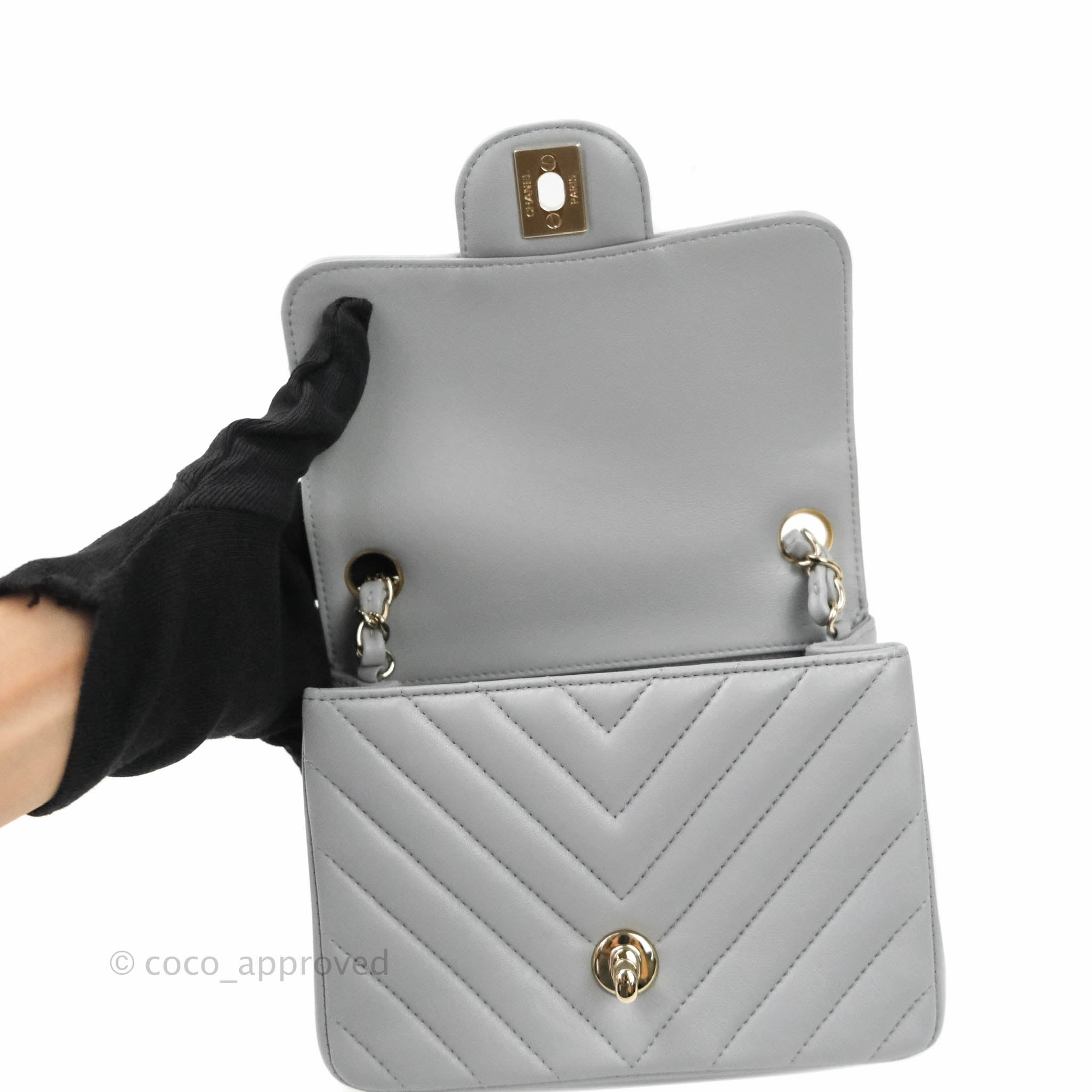Chanel Mini Square Chevron Grey Lambskin Gold Hardware 20S