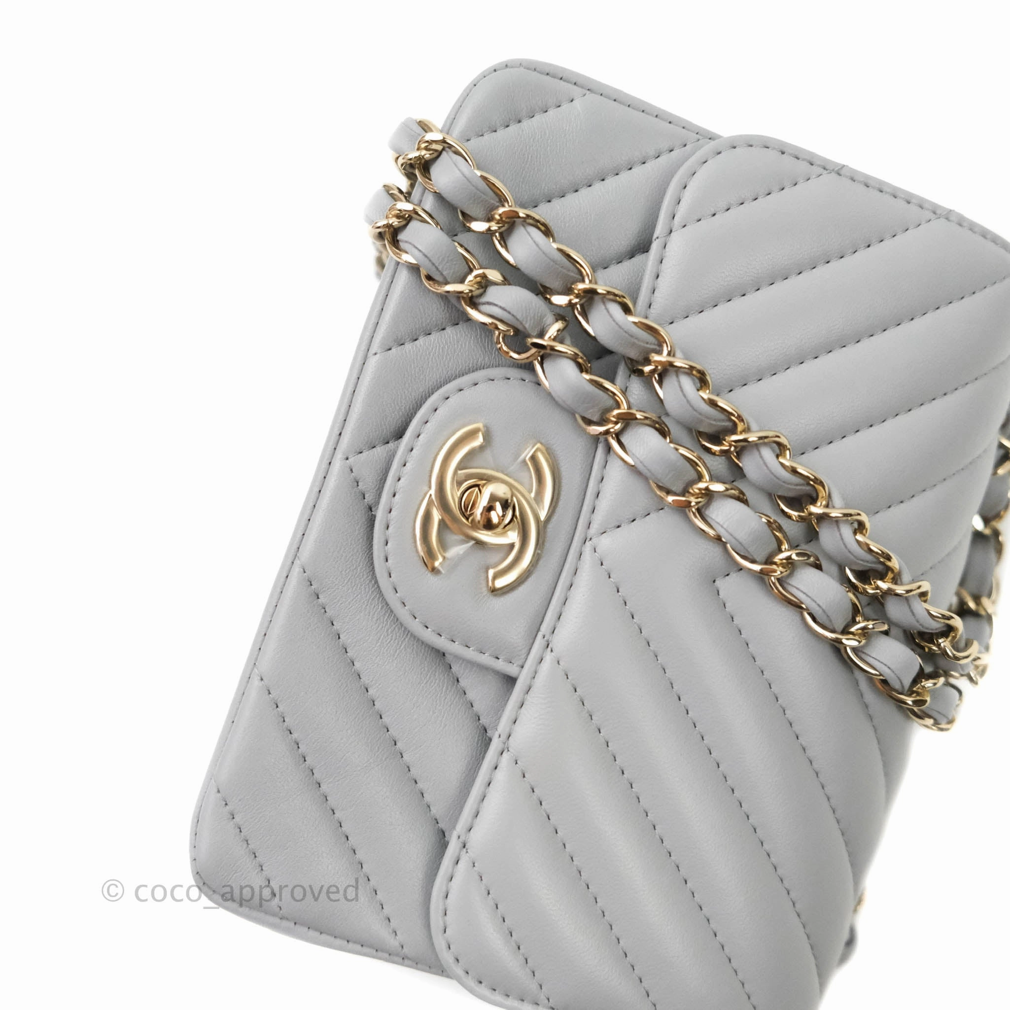 Chanel Mini Square Chevron Grey Lambskin Gold Hardware 20S