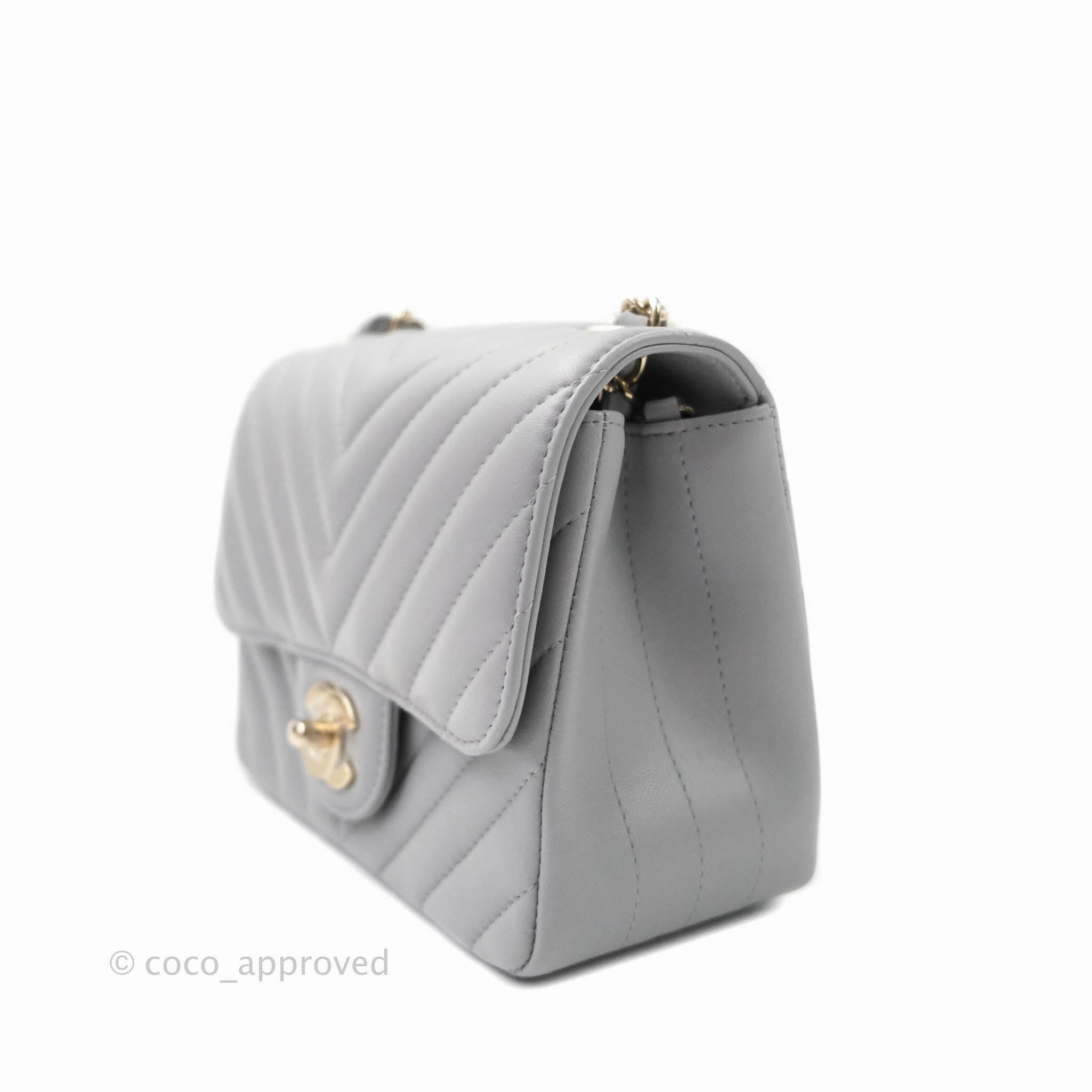 Chanel Mini Square Chevron Grey Lambskin Gold Hardware 20S