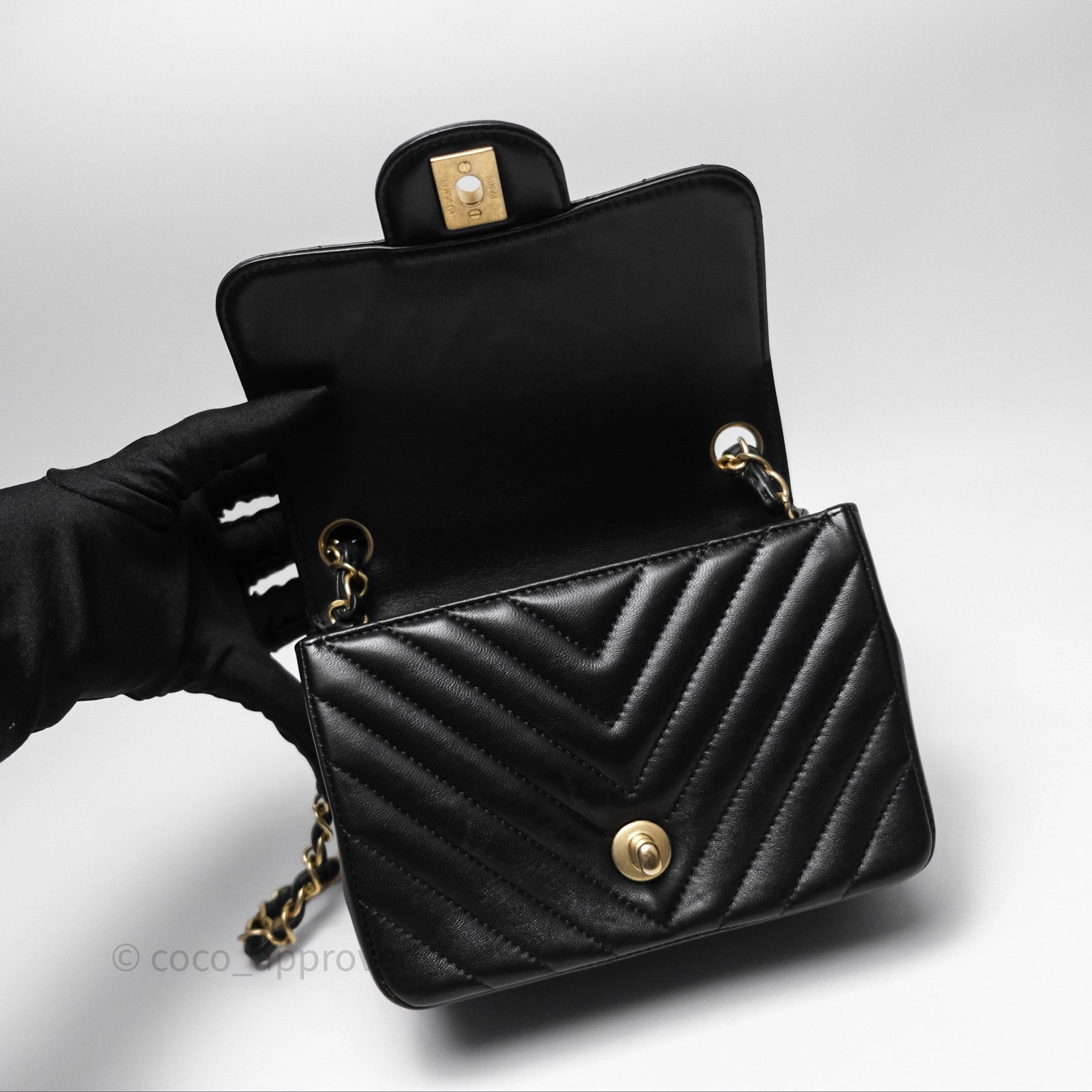 Chanel Mini Square Flap Chevron Black Lambskin Aged Gold Hardware