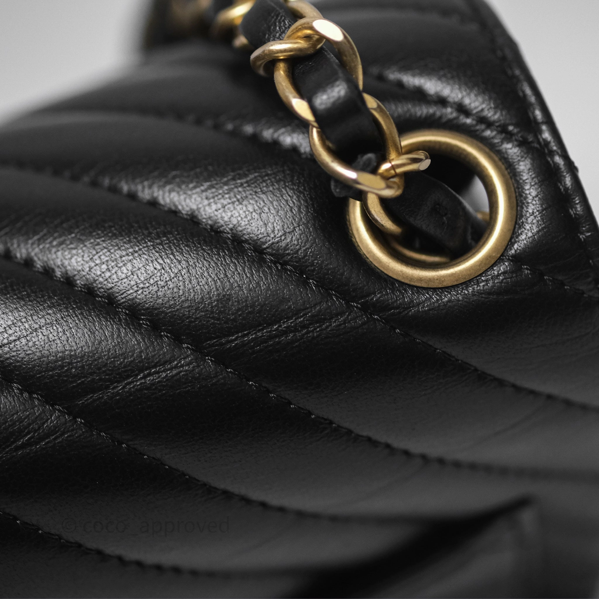 Chanel Mini Square Flap Chevron Black Lambskin Aged Gold Hardware