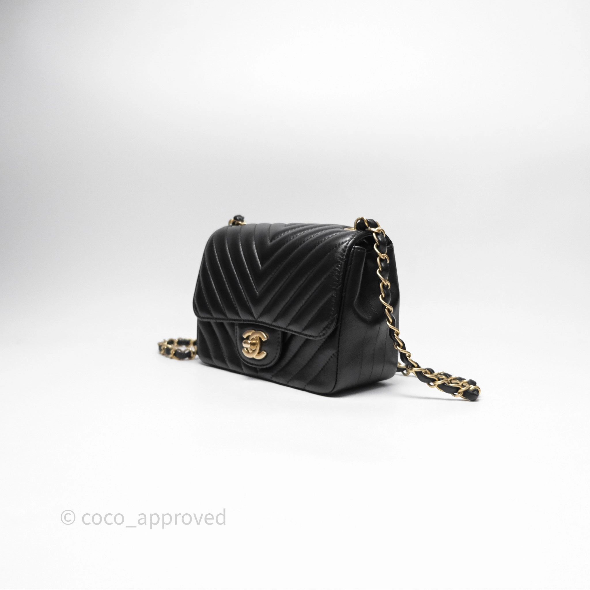 Chanel Mini Square Flap Chevron Black Lambskin Aged Gold Hardware