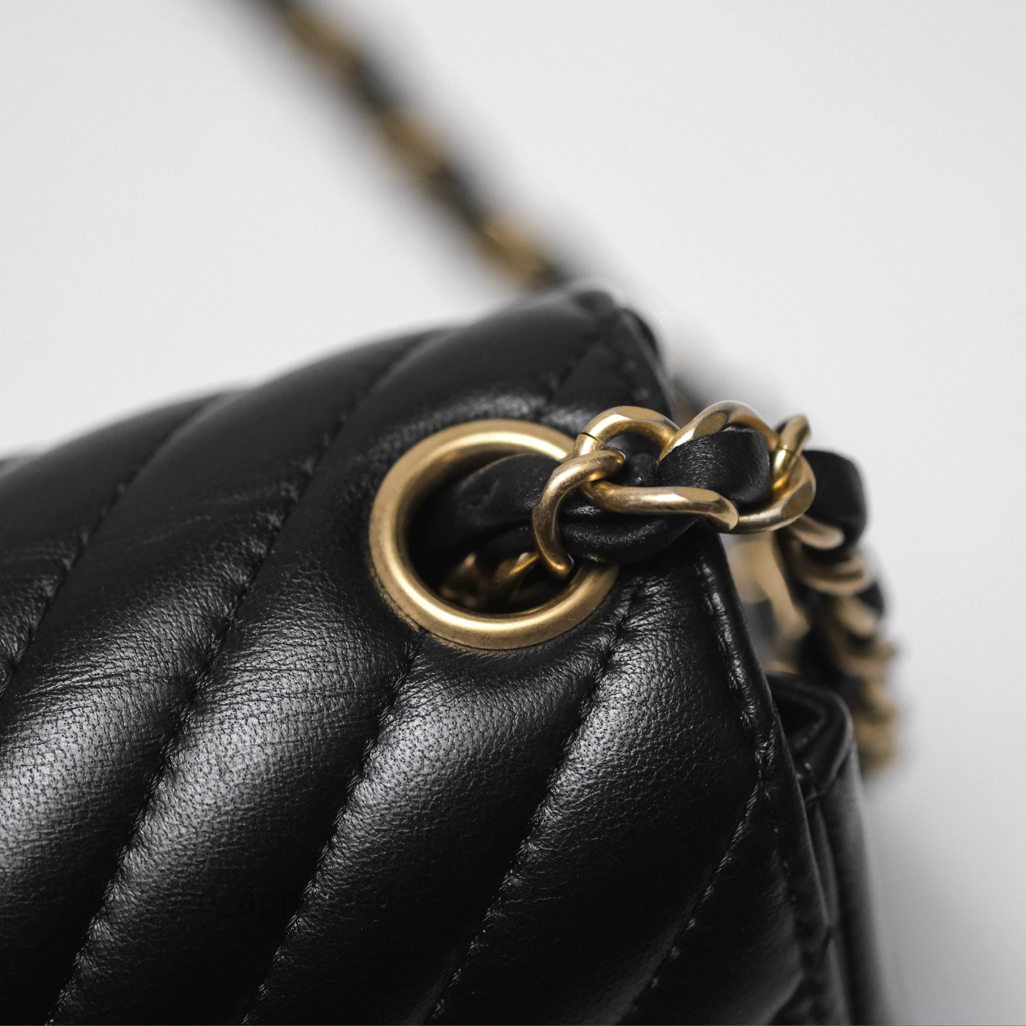 Chanel Mini Square Flap Chevron Black Lambskin Aged Gold Hardware