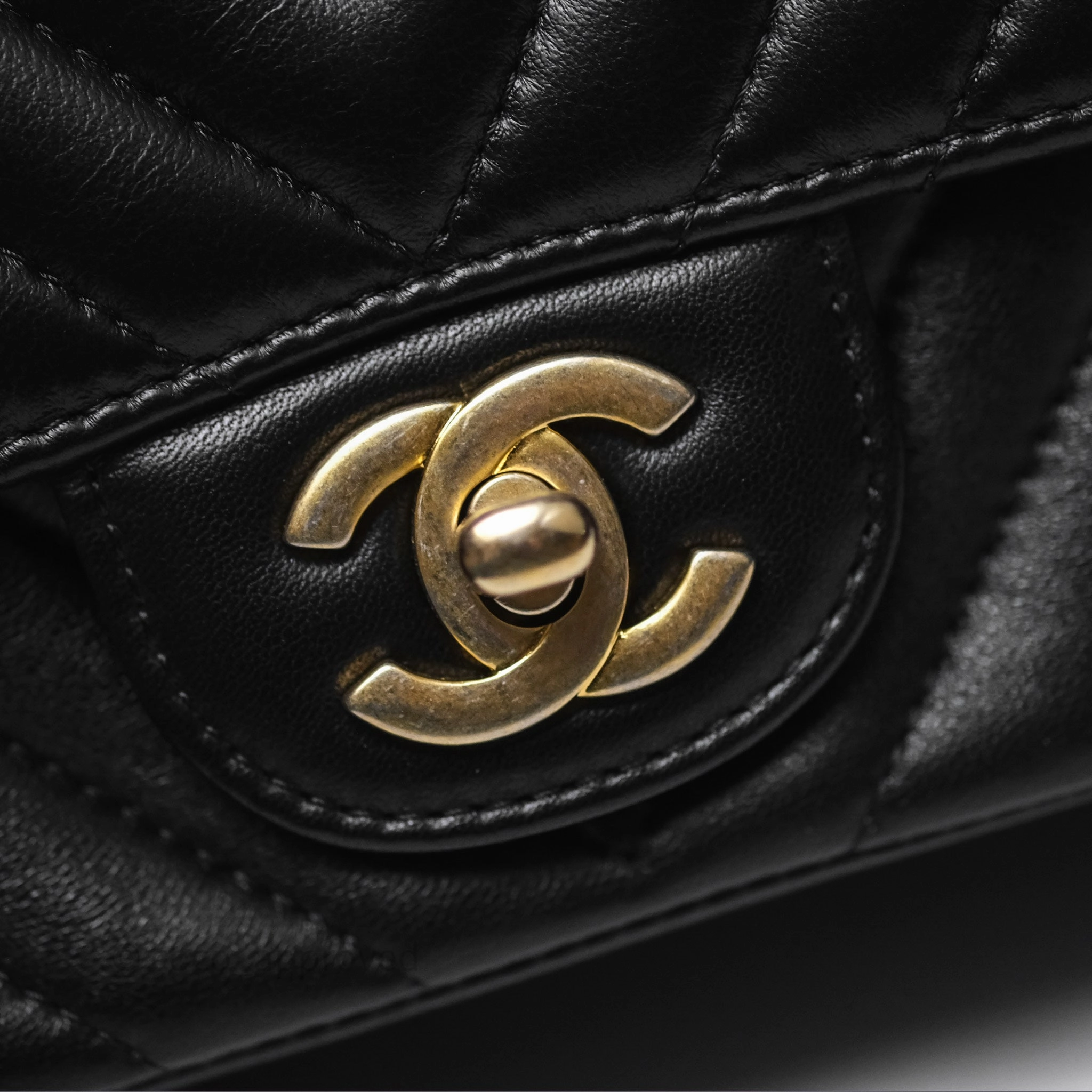 Chanel Mini Square Flap Chevron Black Lambskin Aged Gold Hardware