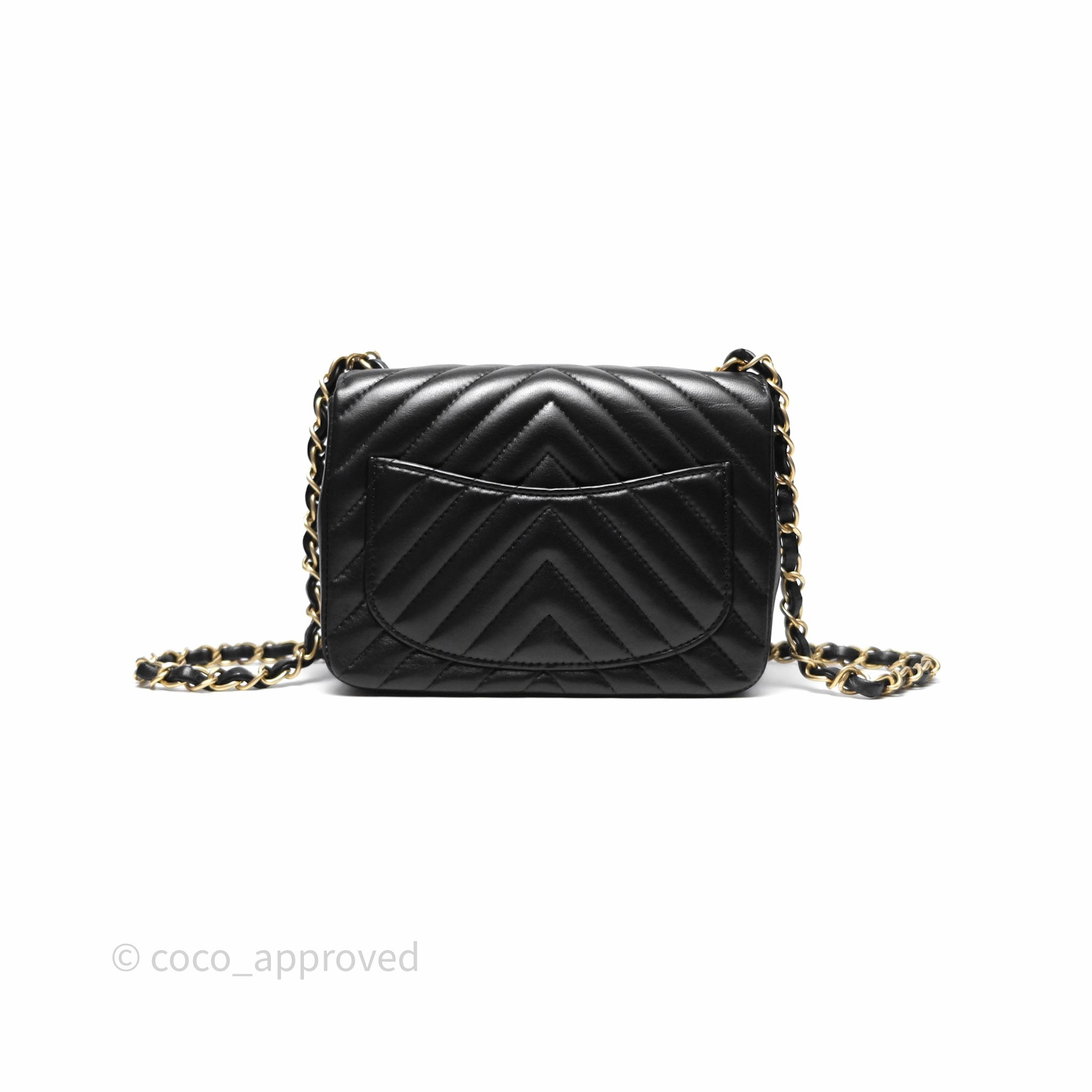 Chanel Mini Square Flap Chevron Black Lambskin Aged Gold Hardware