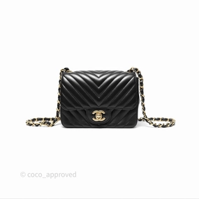 Chanel Mini Square Flap Chevron Black Lambskin Aged Gold Hardware