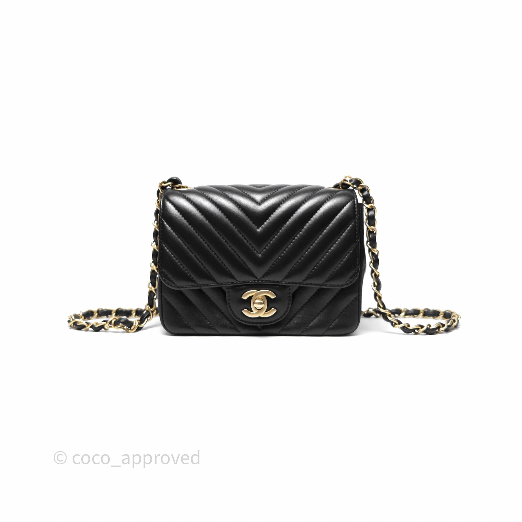 Chanel Mini Square Flap Chevron Black Lambskin Aged Gold Hardware