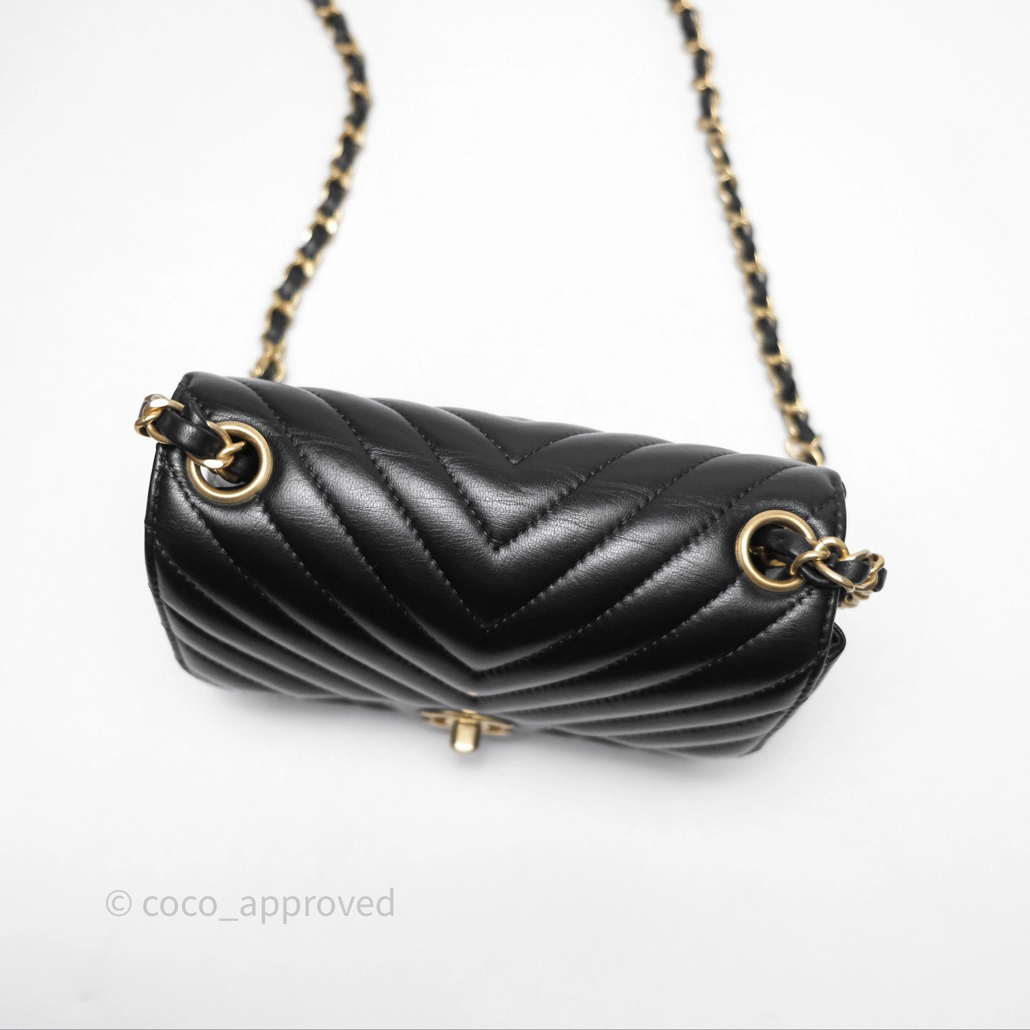 Chanel Mini Square Flap Chevron Black Lambskin Aged Gold Hardware