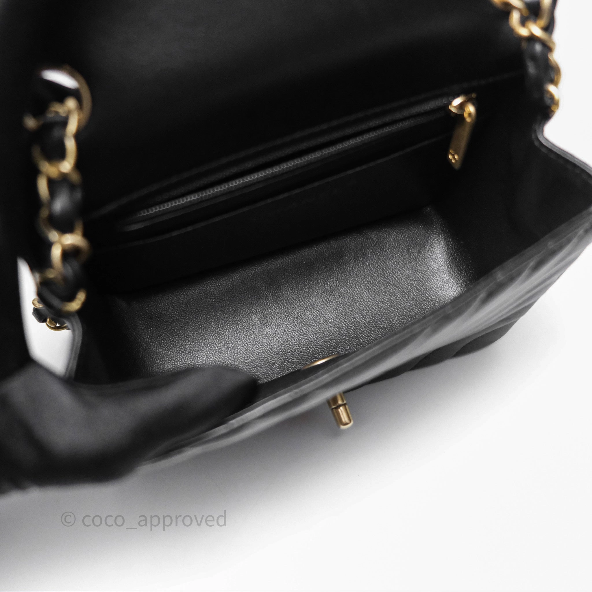 Chanel Mini Square Flap Chevron Black Lambskin Aged Gold Hardware