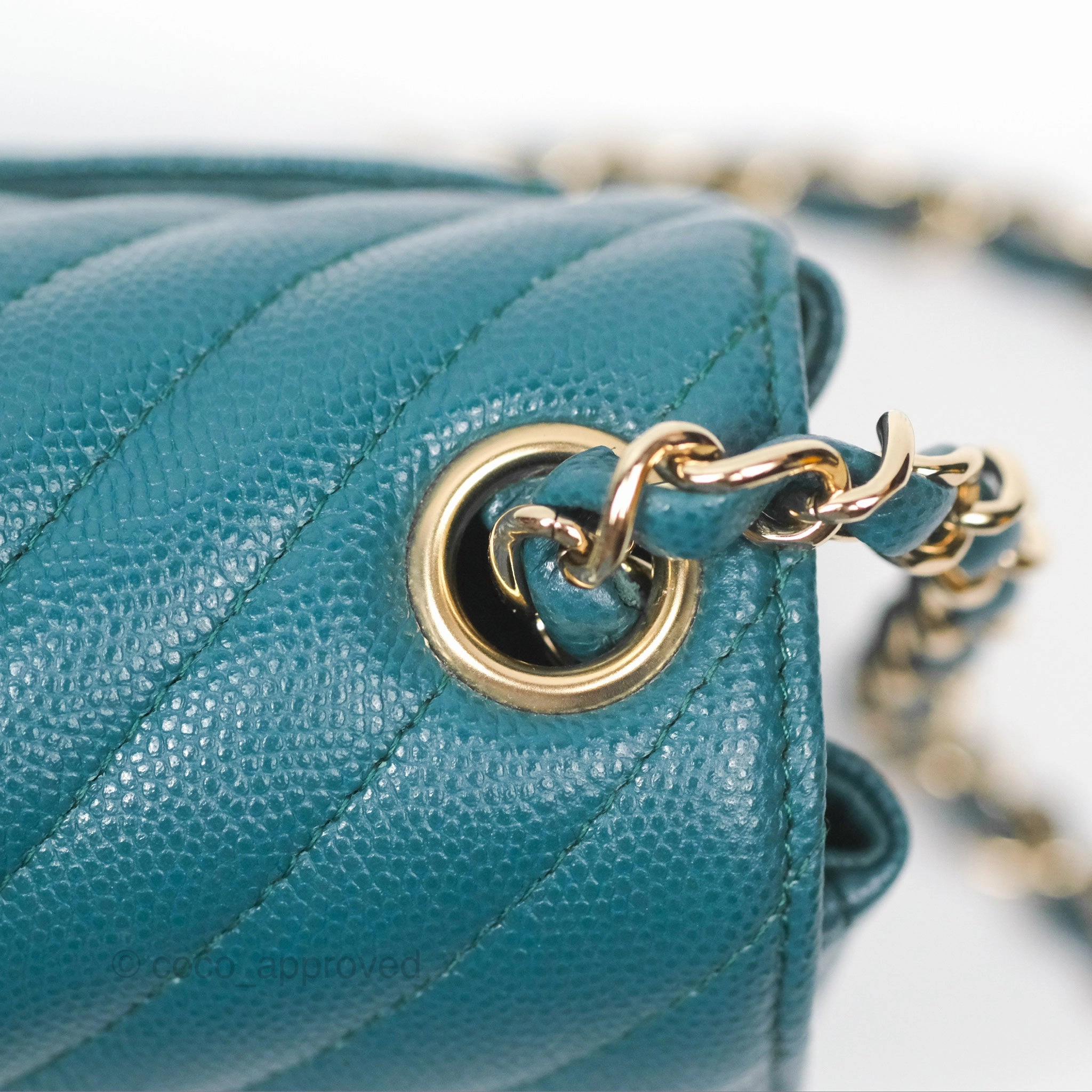 Chanel Mini Square Flap Chevron Teal Caviar Gold Hardware