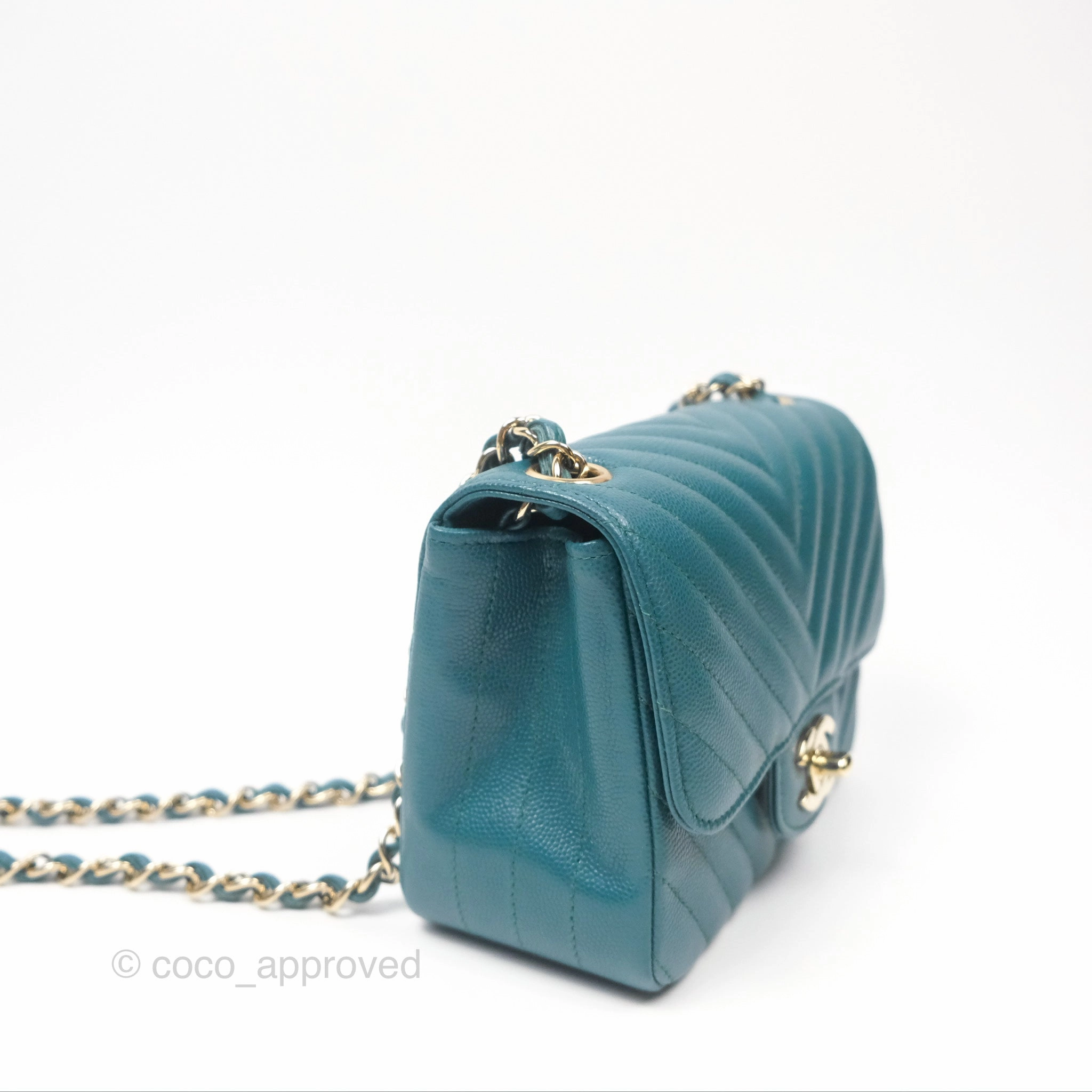 Chanel Mini Square Flap Chevron Teal Caviar Gold Hardware