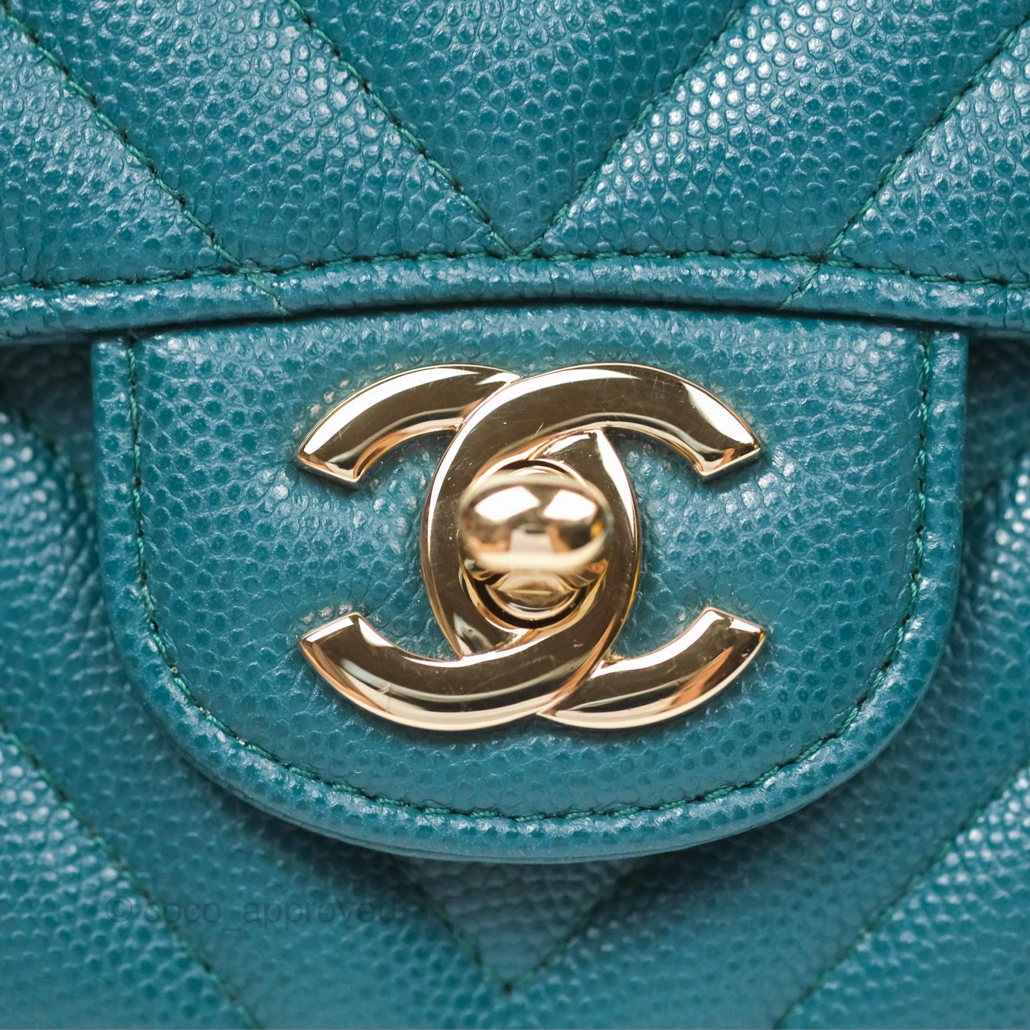 Chanel Mini Square Flap Chevron Teal Caviar Gold Hardware
