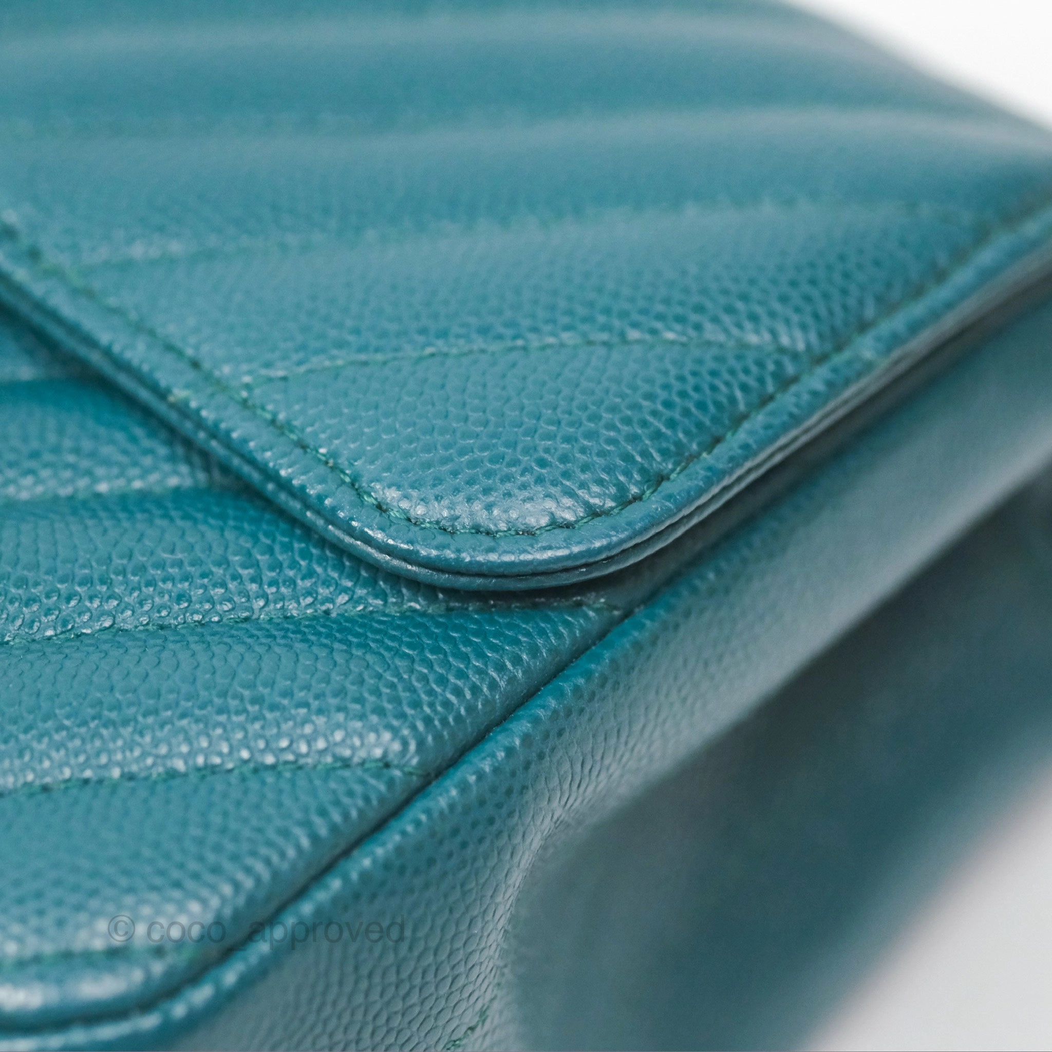 Chanel Mini Square Flap Chevron Teal Caviar Gold Hardware
