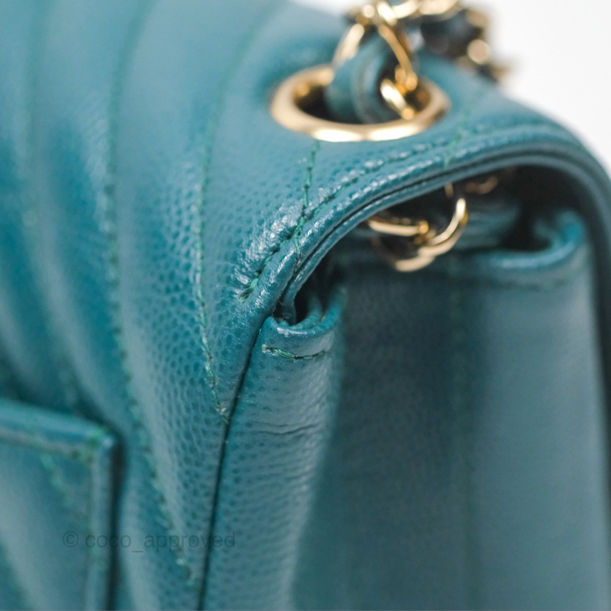 Chanel Mini Square Flap Chevron Teal Caviar Gold Hardware