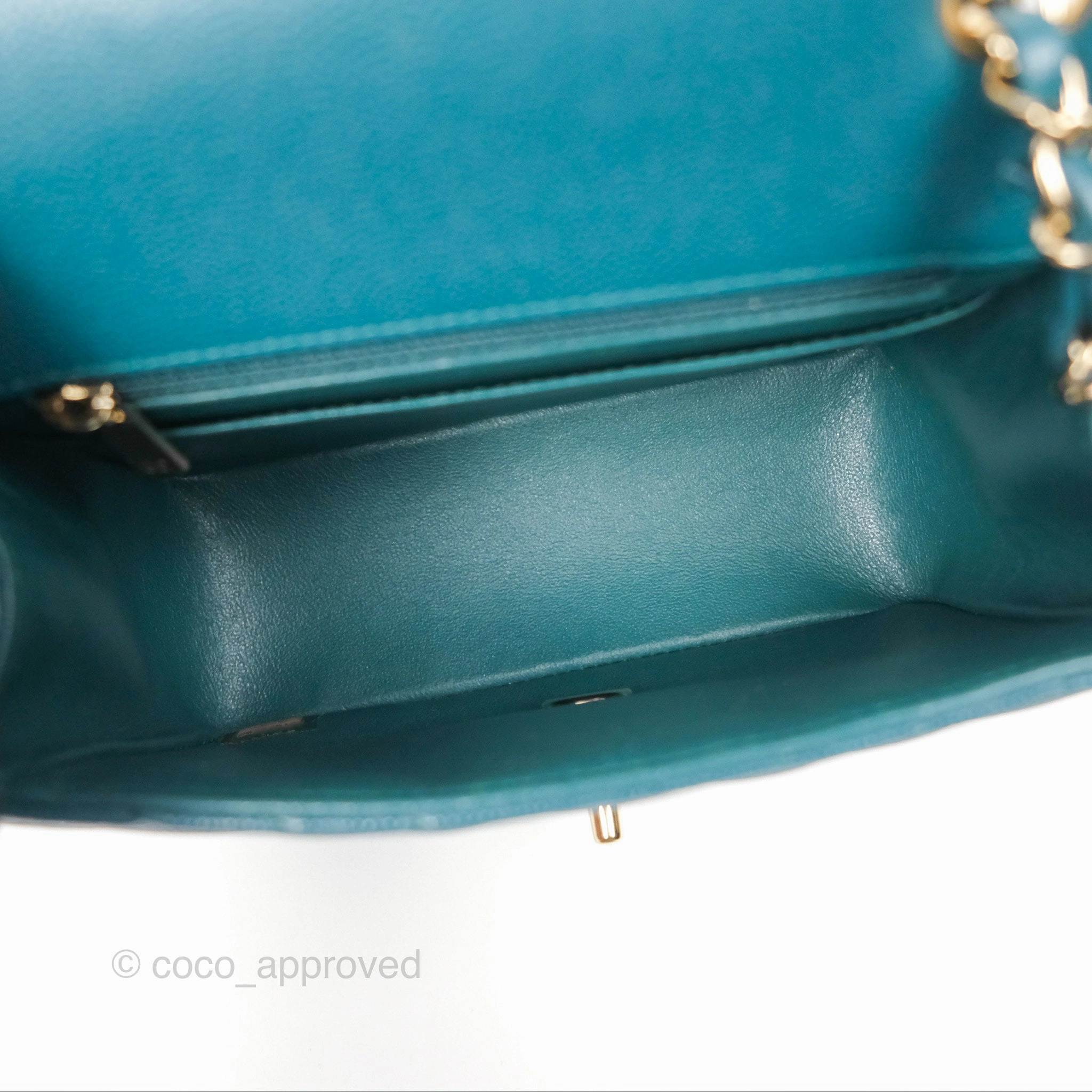 Chanel Mini Square Flap Chevron Teal Caviar Gold Hardware