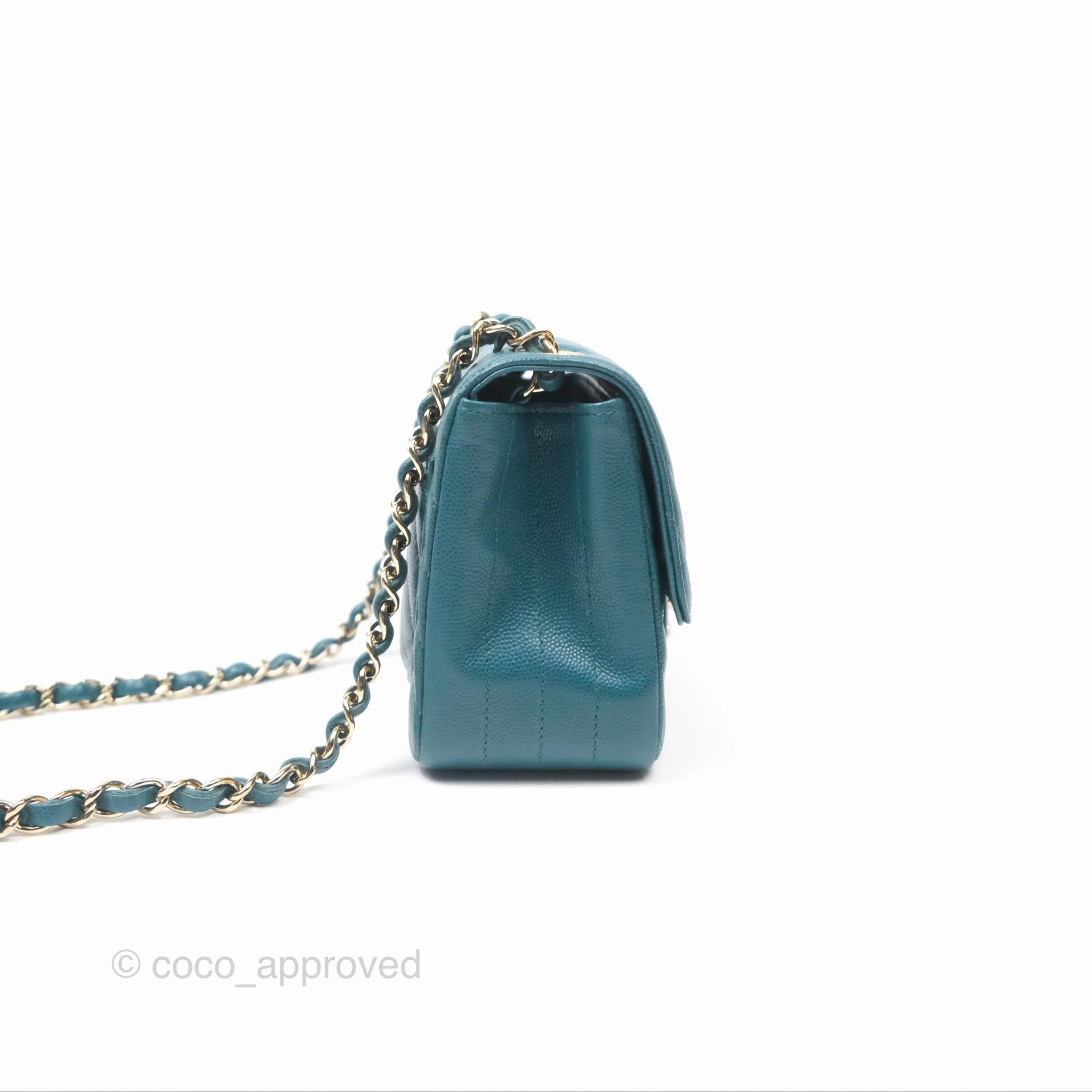 Chanel Mini Square Flap Chevron Teal Caviar Gold Hardware