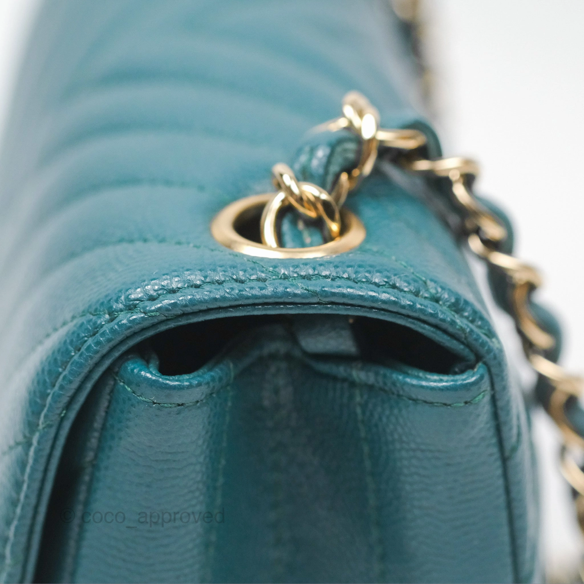 Chanel Mini Square Flap Chevron Teal Caviar Gold Hardware
