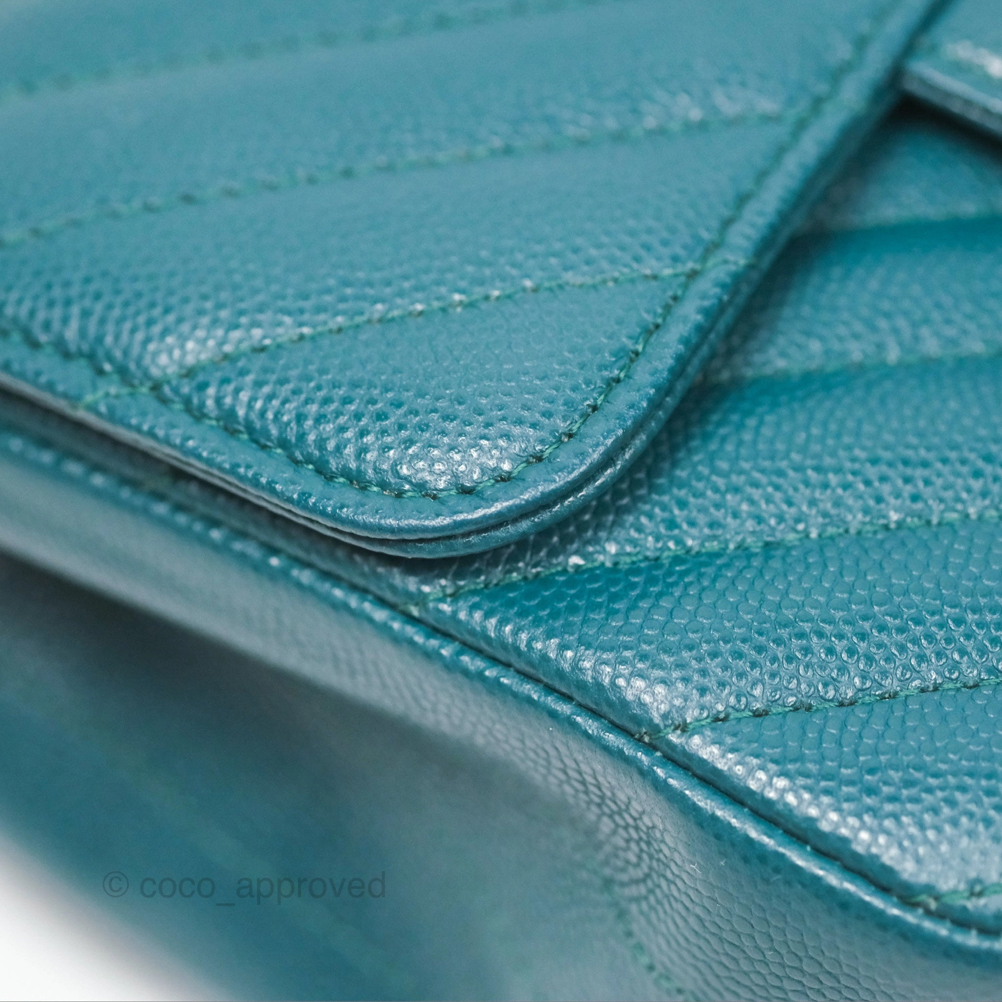Chanel Mini Square Flap Chevron Teal Caviar Gold Hardware