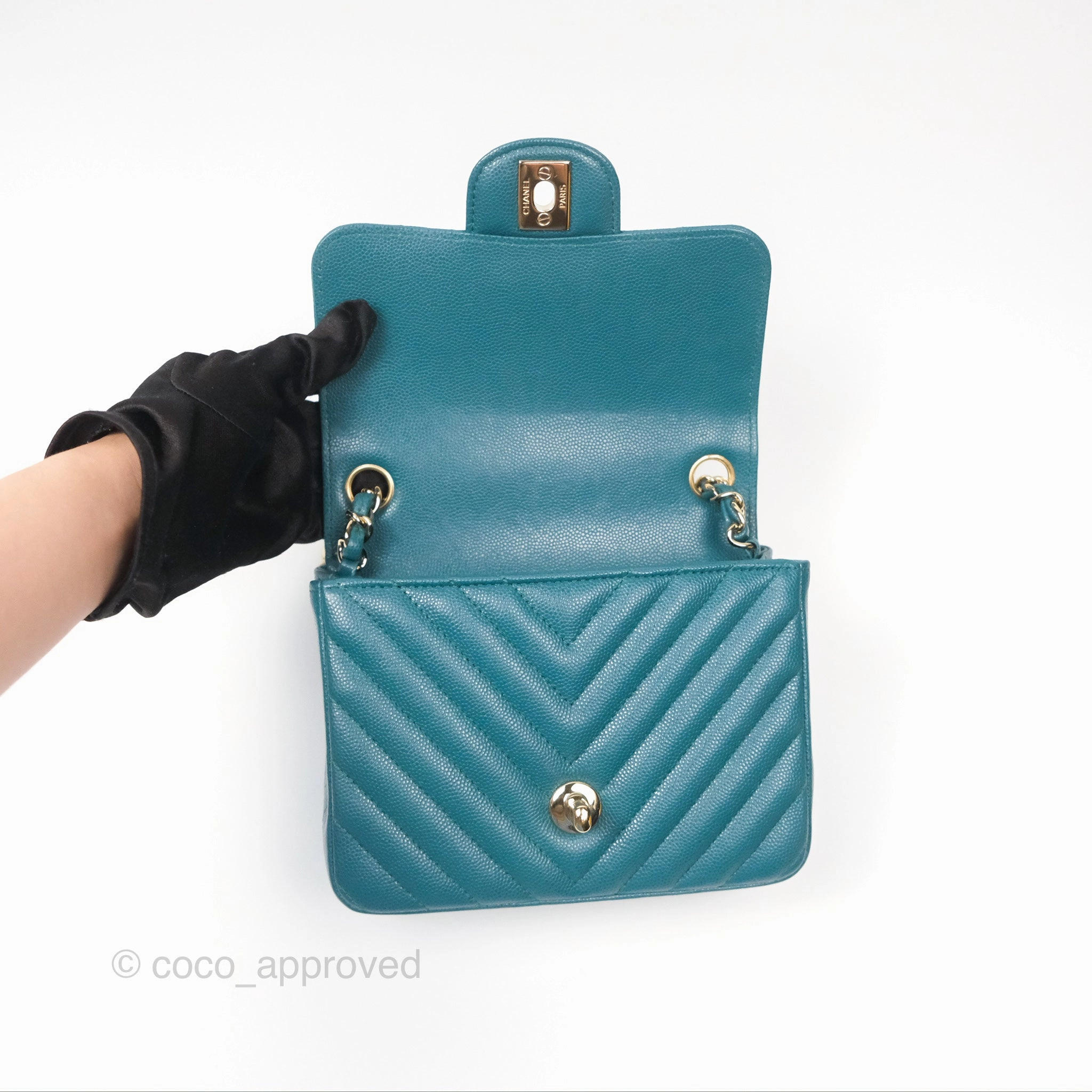 Chanel Mini Square Flap Chevron Teal Caviar Gold Hardware