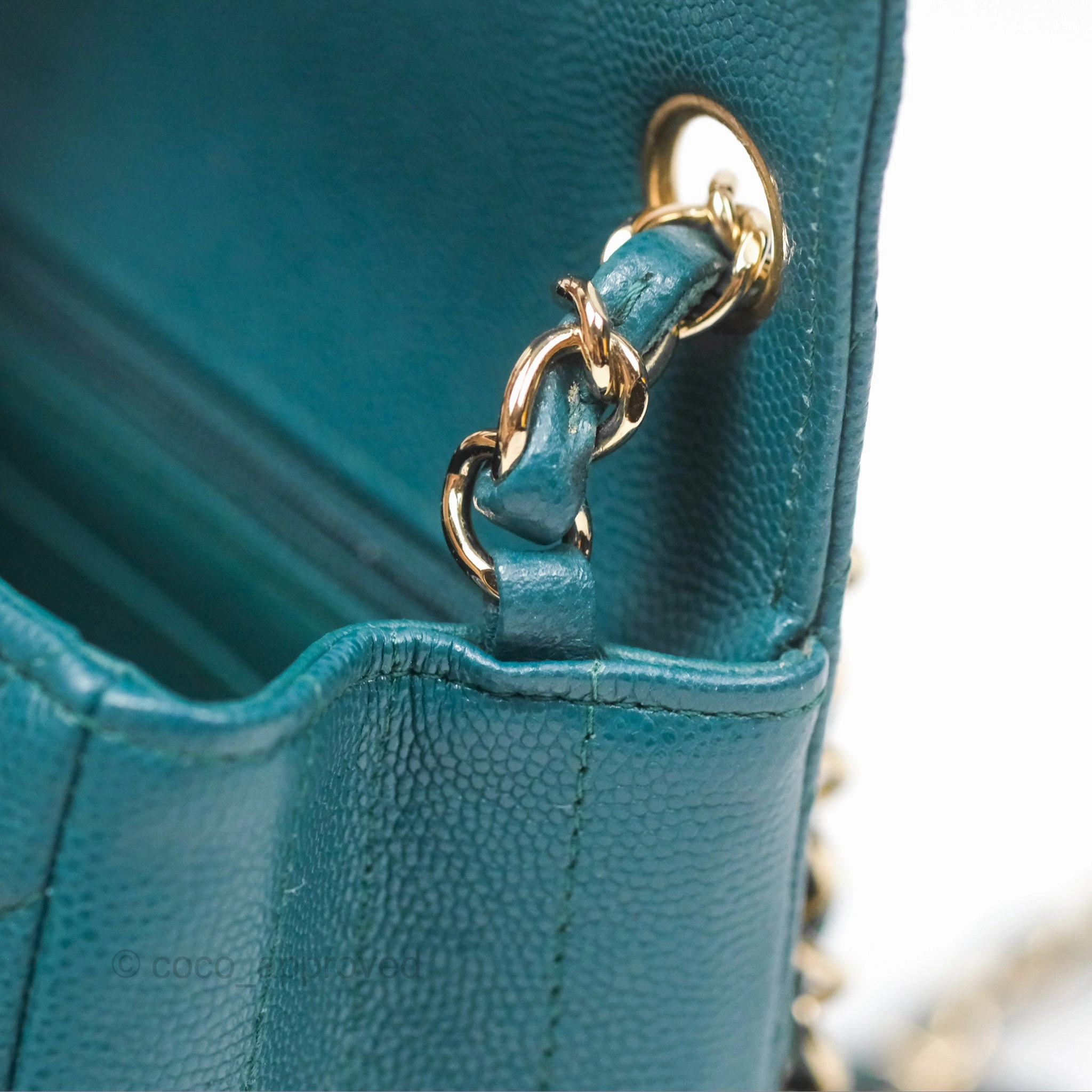 Chanel Mini Square Flap Chevron Teal Caviar Gold Hardware