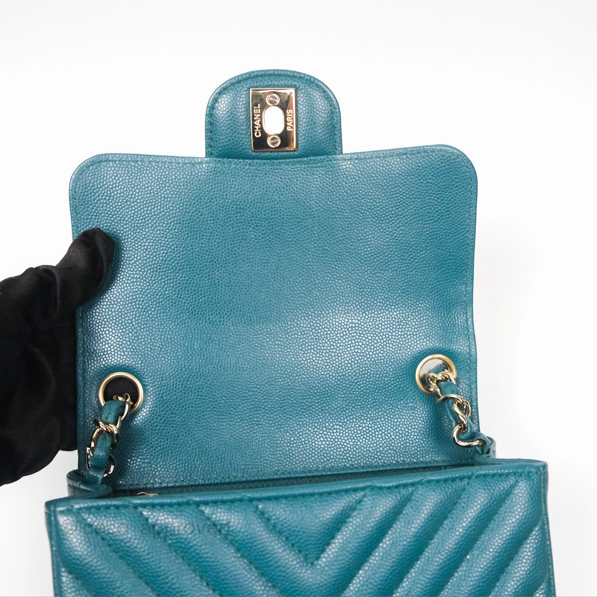 Chanel Mini Square Flap Chevron Teal Caviar Gold Hardware