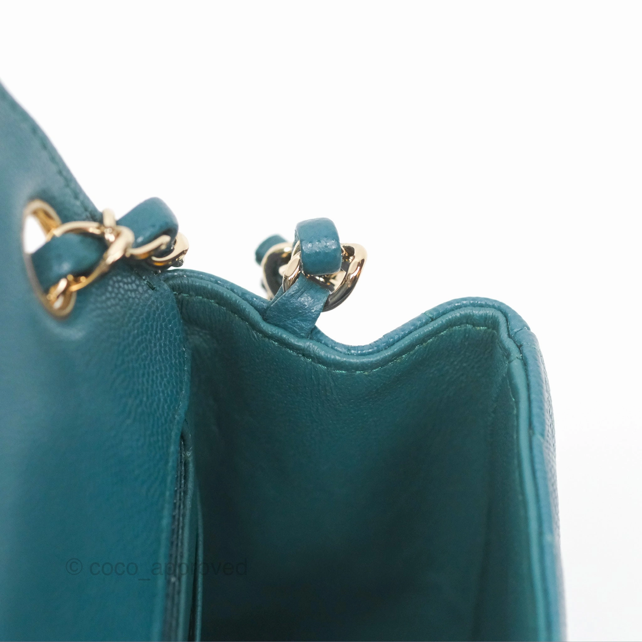 Chanel Mini Square Flap Chevron Teal Caviar Gold Hardware