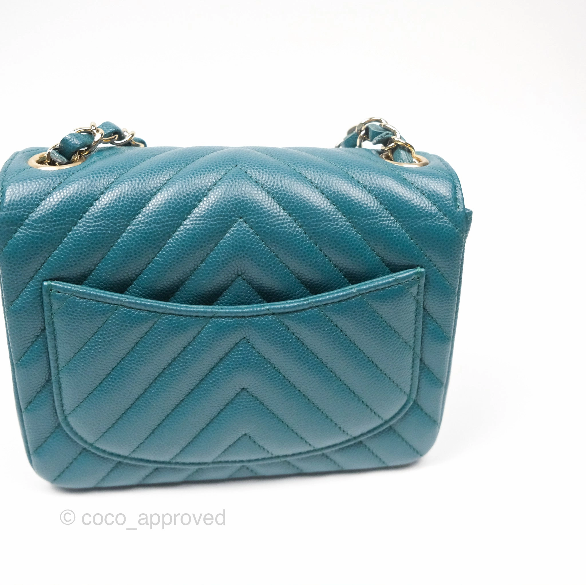 Chanel Mini Square Flap Chevron Teal Caviar Gold Hardware