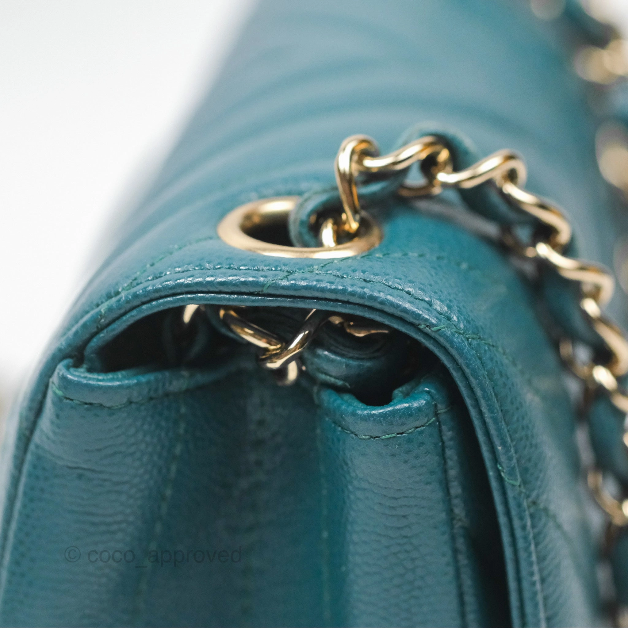 Chanel Mini Square Flap Chevron Teal Caviar Gold Hardware