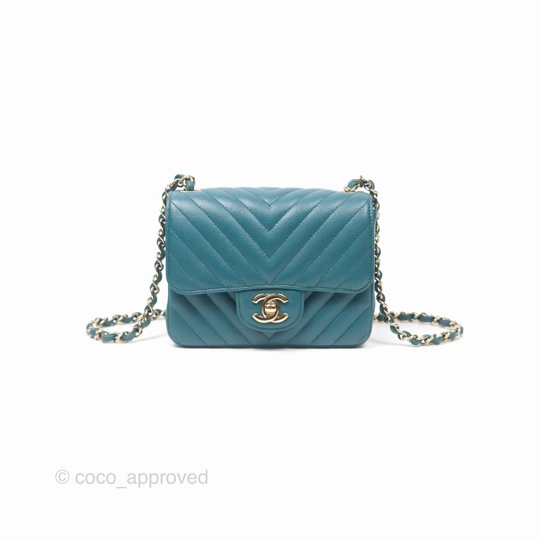 Chanel Mini Square Flap Chevron Teal Caviar Gold Hardware
