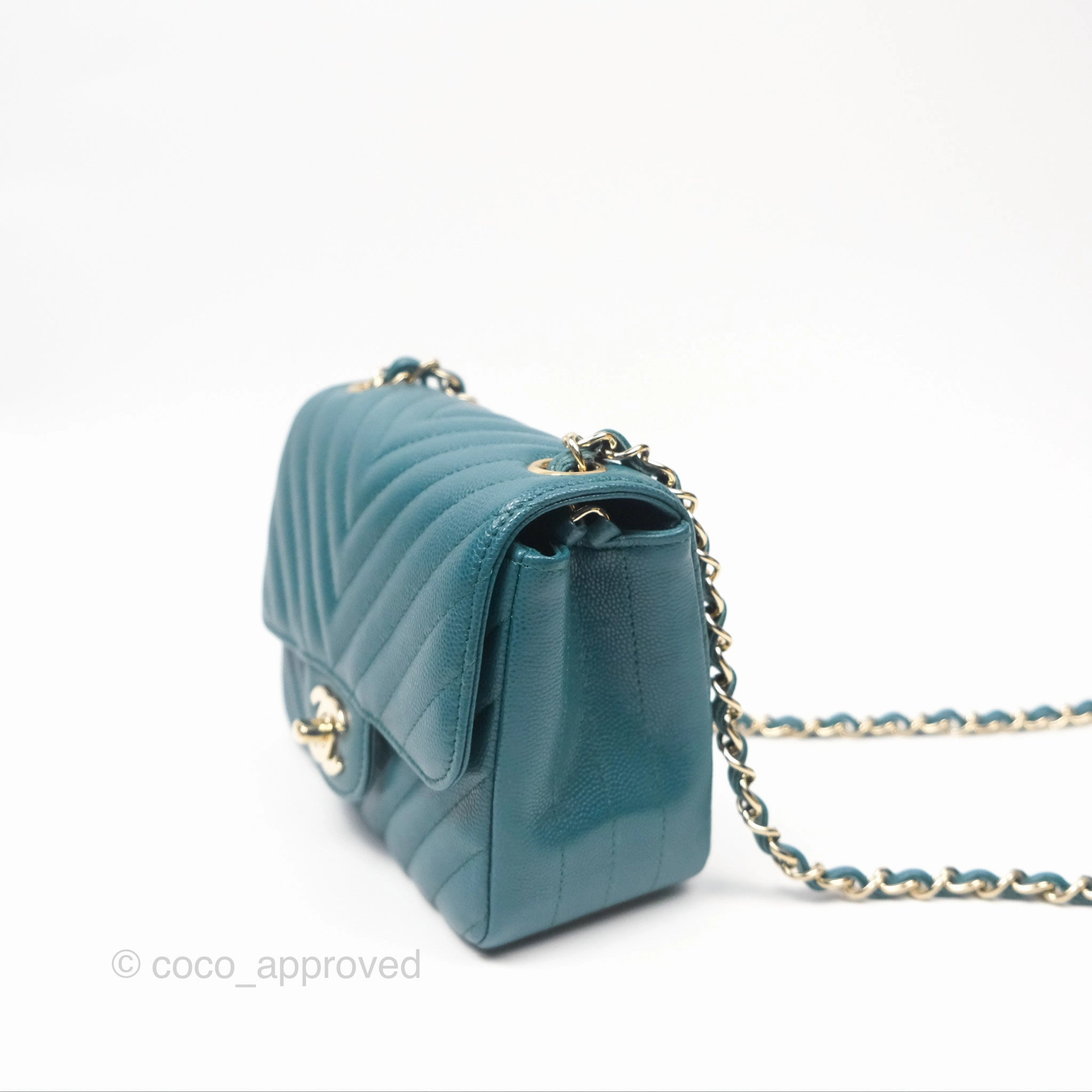 Chanel Mini Square Flap Chevron Teal Caviar Gold Hardware