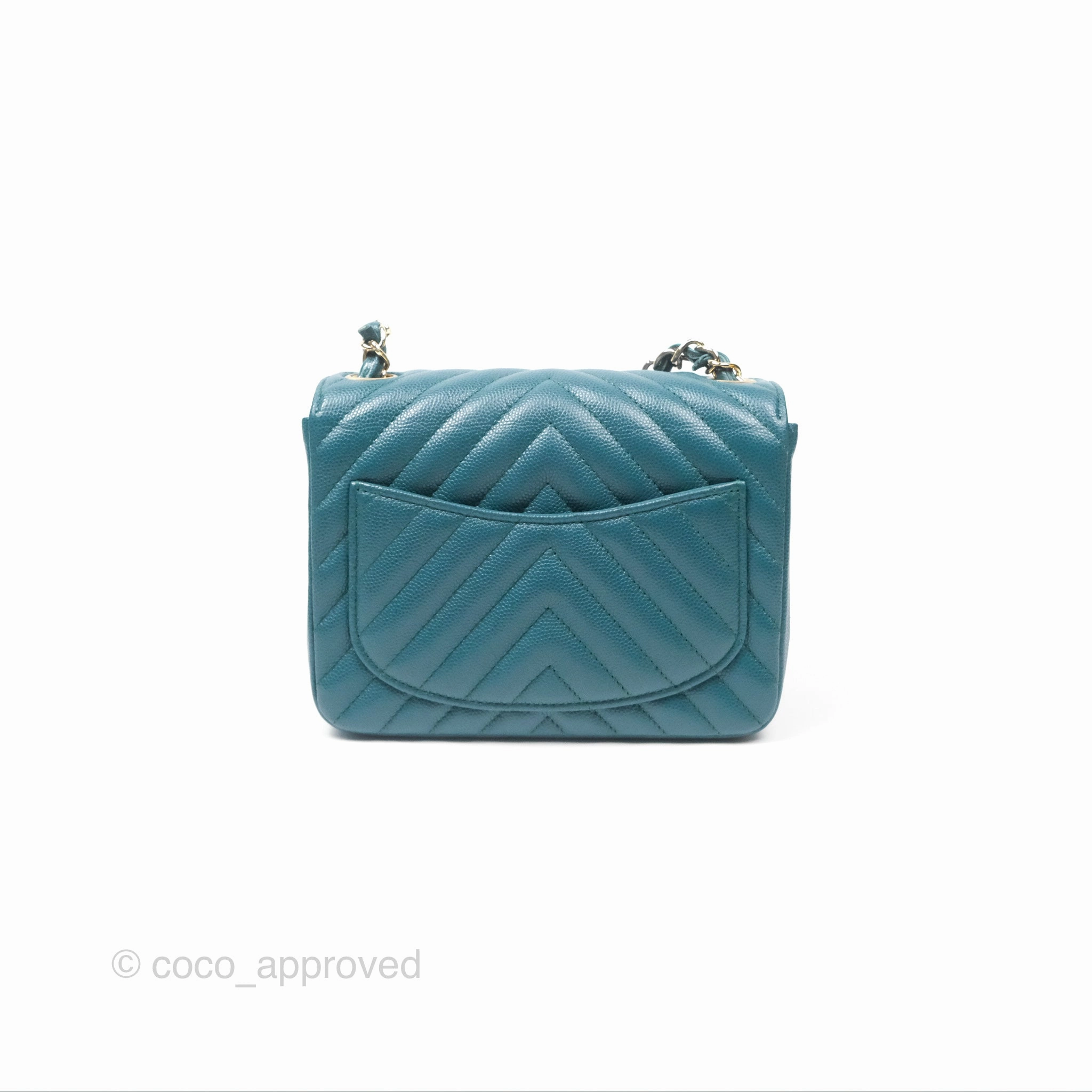 Chanel Mini Square Flap Chevron Teal Caviar Gold Hardware