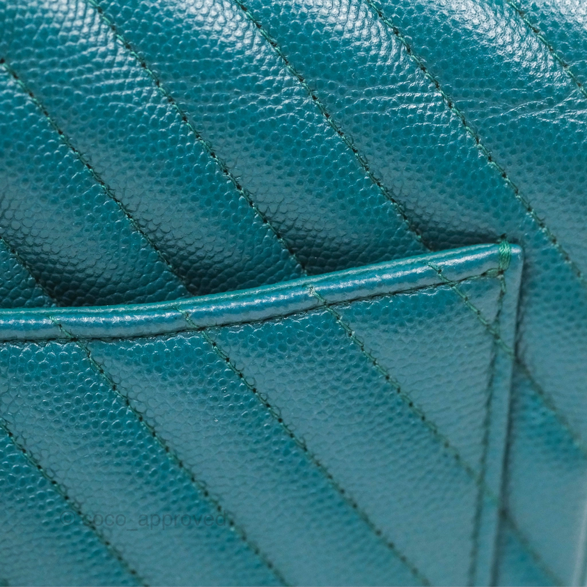 Chanel Mini Square Flap Chevron Teal Caviar Gold Hardware