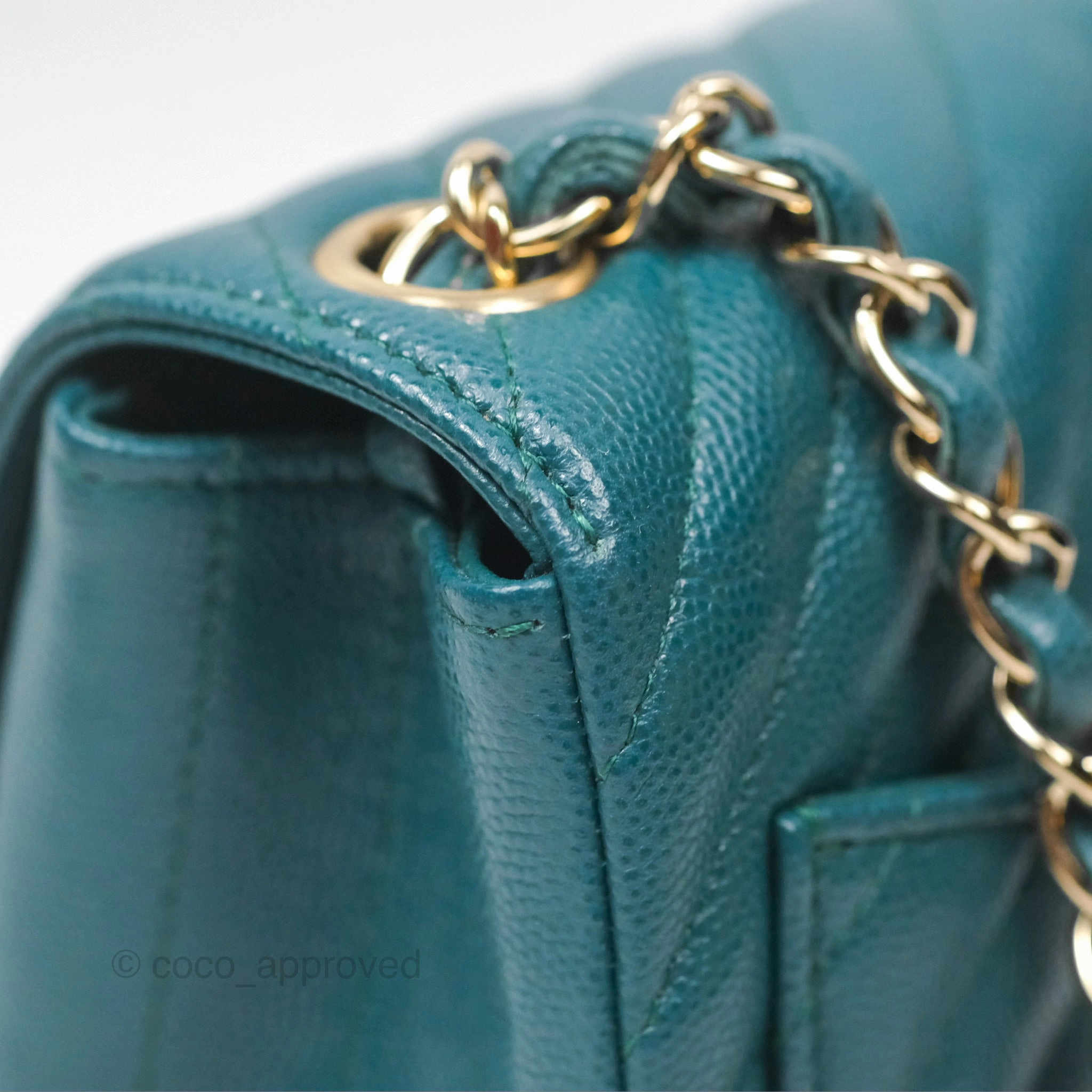 Chanel Mini Square Flap Chevron Teal Caviar Gold Hardware