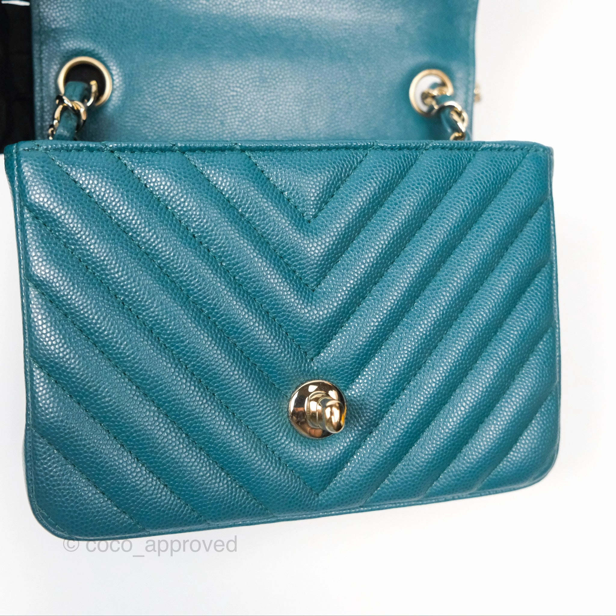 Chanel Mini Square Flap Chevron Teal Caviar Gold Hardware