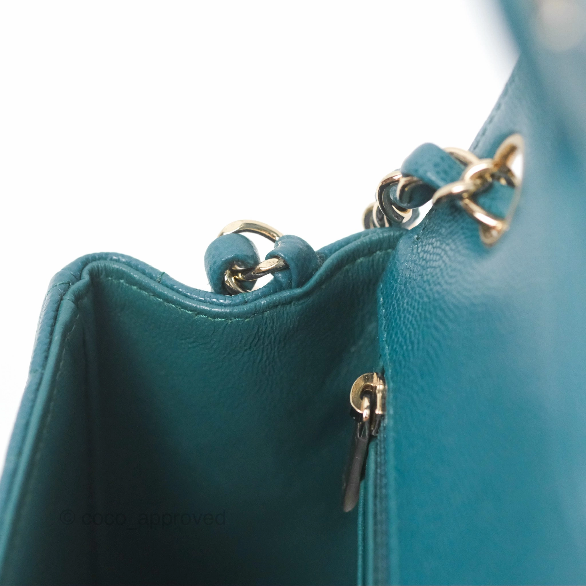 Chanel Mini Square Flap Chevron Teal Caviar Gold Hardware