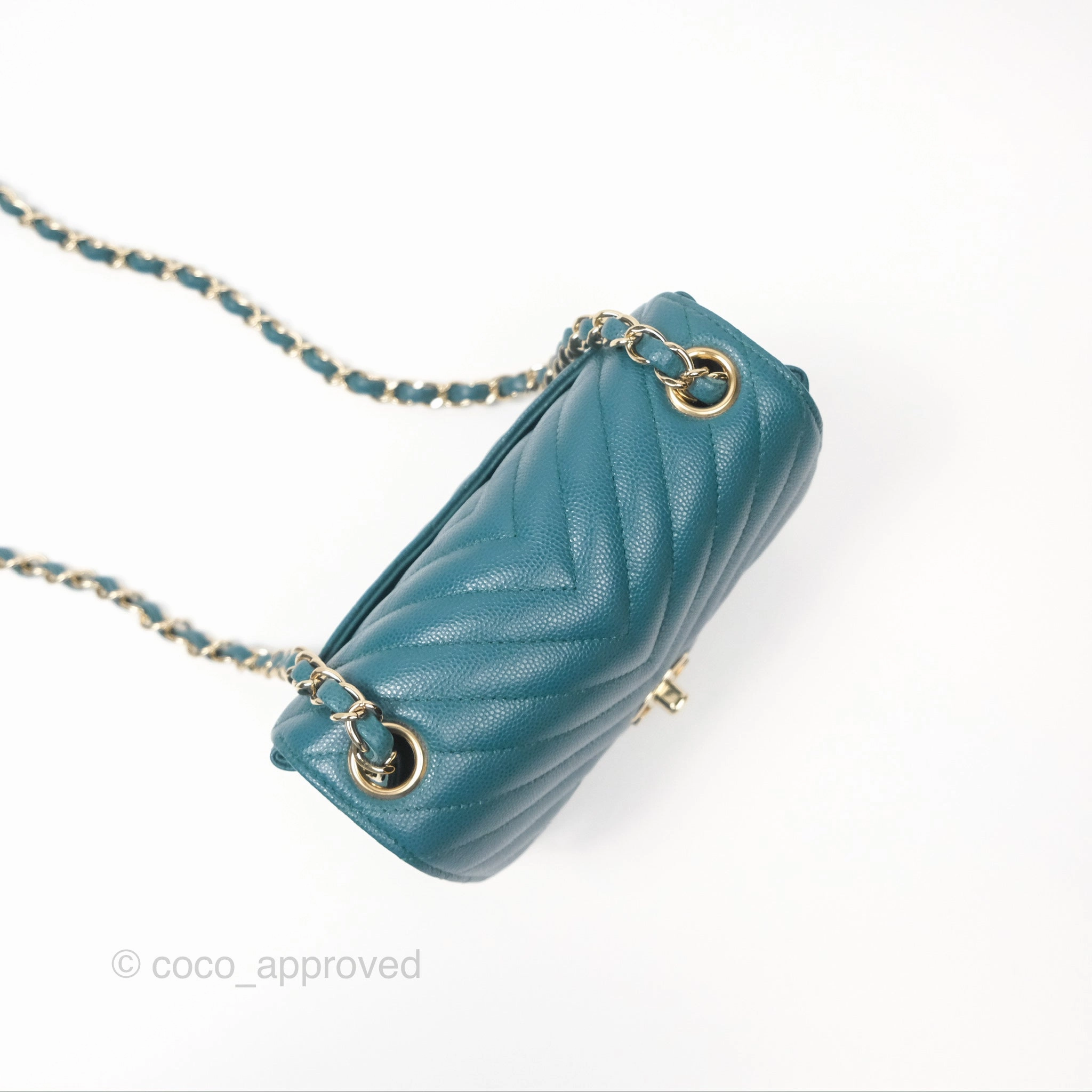 Chanel Mini Square Flap Chevron Teal Caviar Gold Hardware