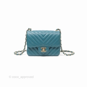 Chanel Mini Square Flap Chevron Teal Caviar Gold Hardware
