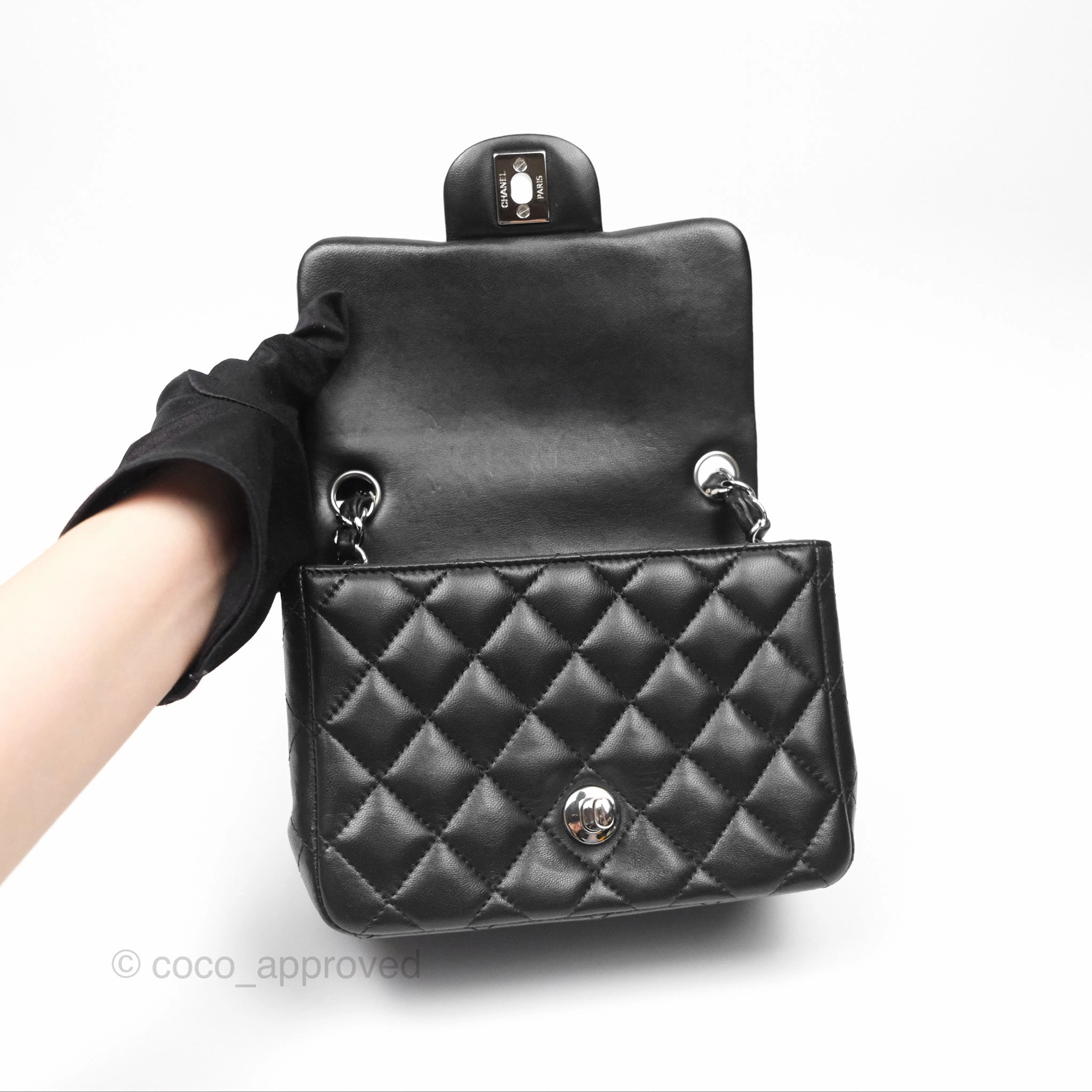 Chanel Mini Square Flap Quilted Black Lambskin Silver Hardware