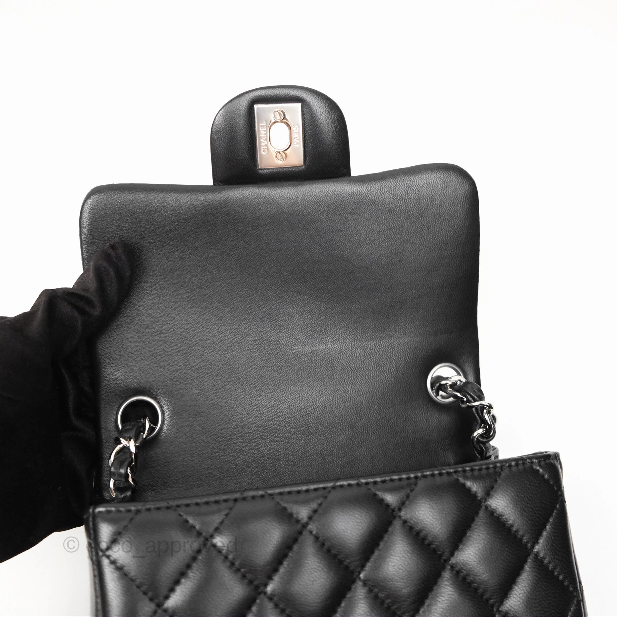 Chanel Mini Square Flap Quilted Black Lambskin Silver Hardware