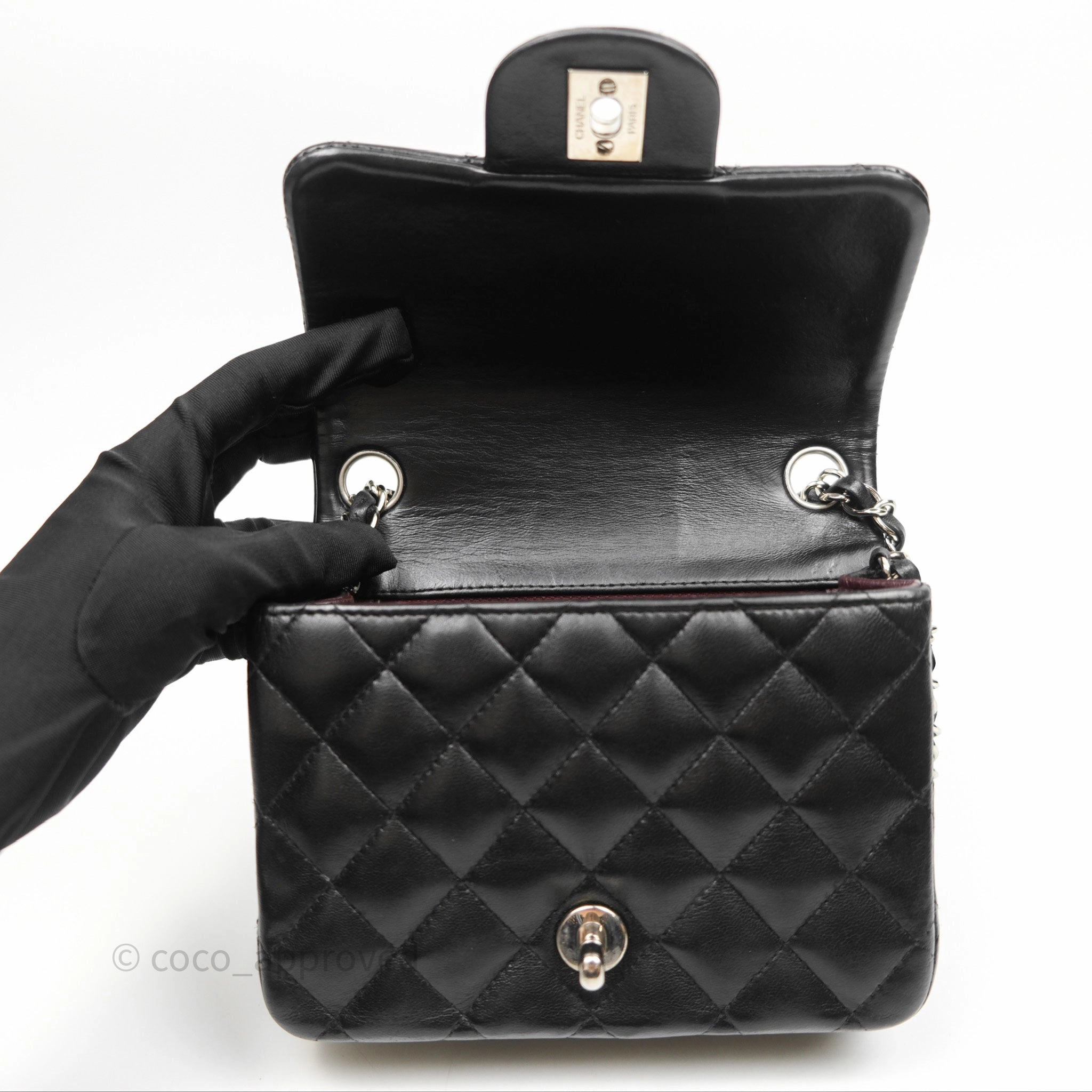 Chanel Mini Square Flap Quilted Black Lambskin Silver Hardware