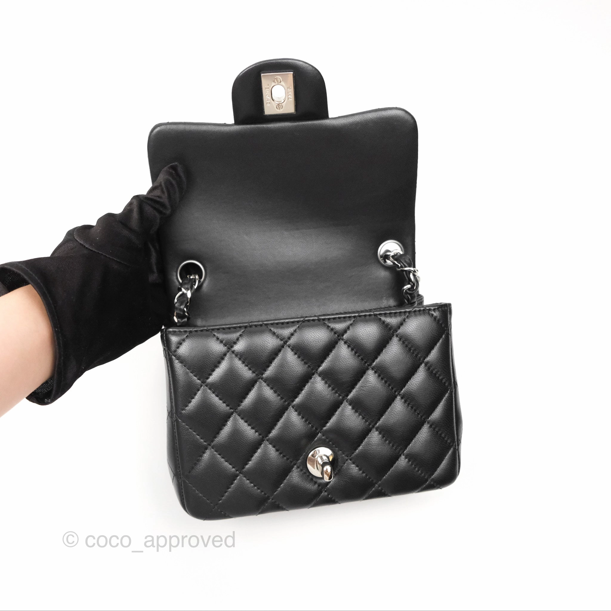 Chanel Mini Square Flap Quilted Black Lambskin Silver Hardware
