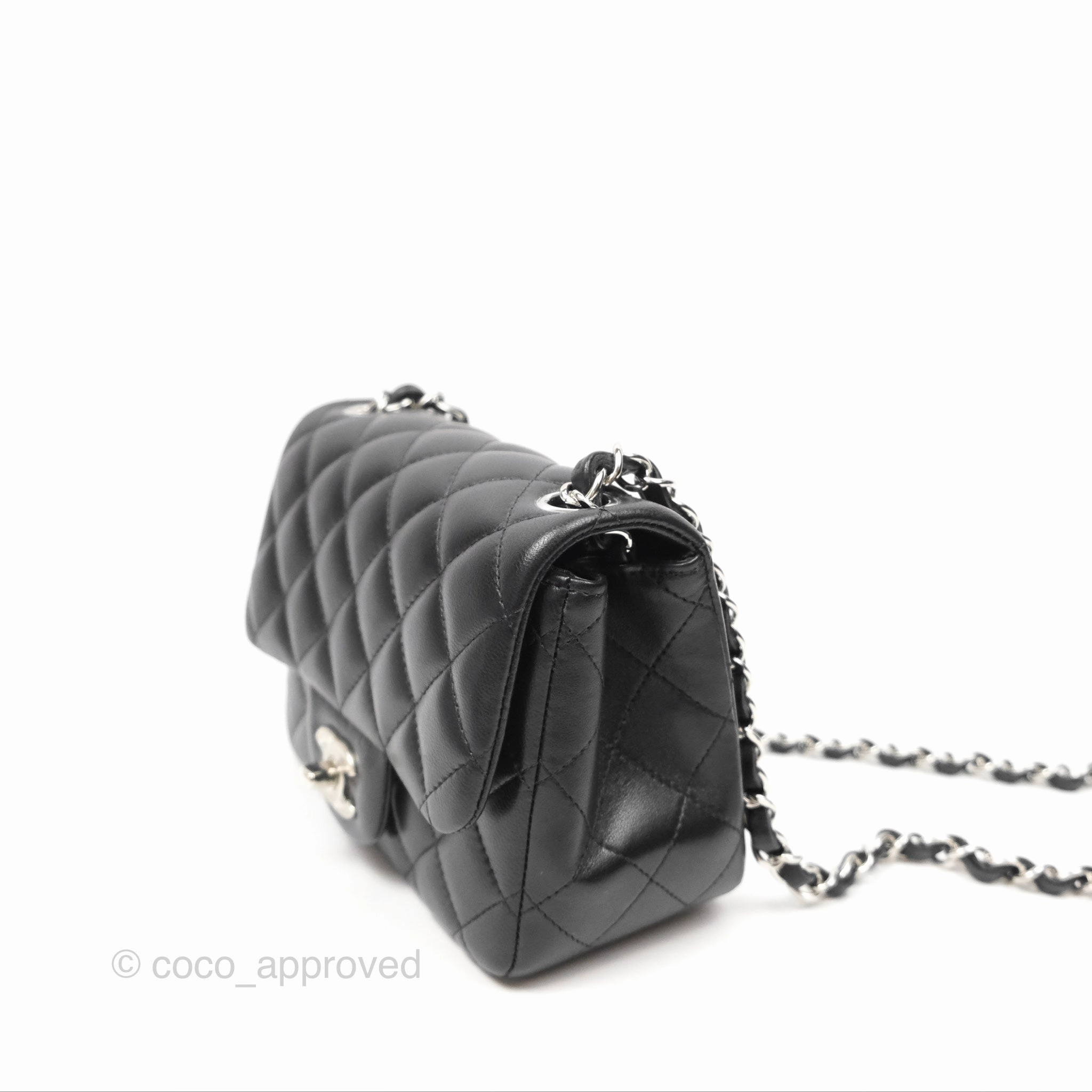 Chanel Mini Square Flap Quilted Black Lambskin Silver Hardware