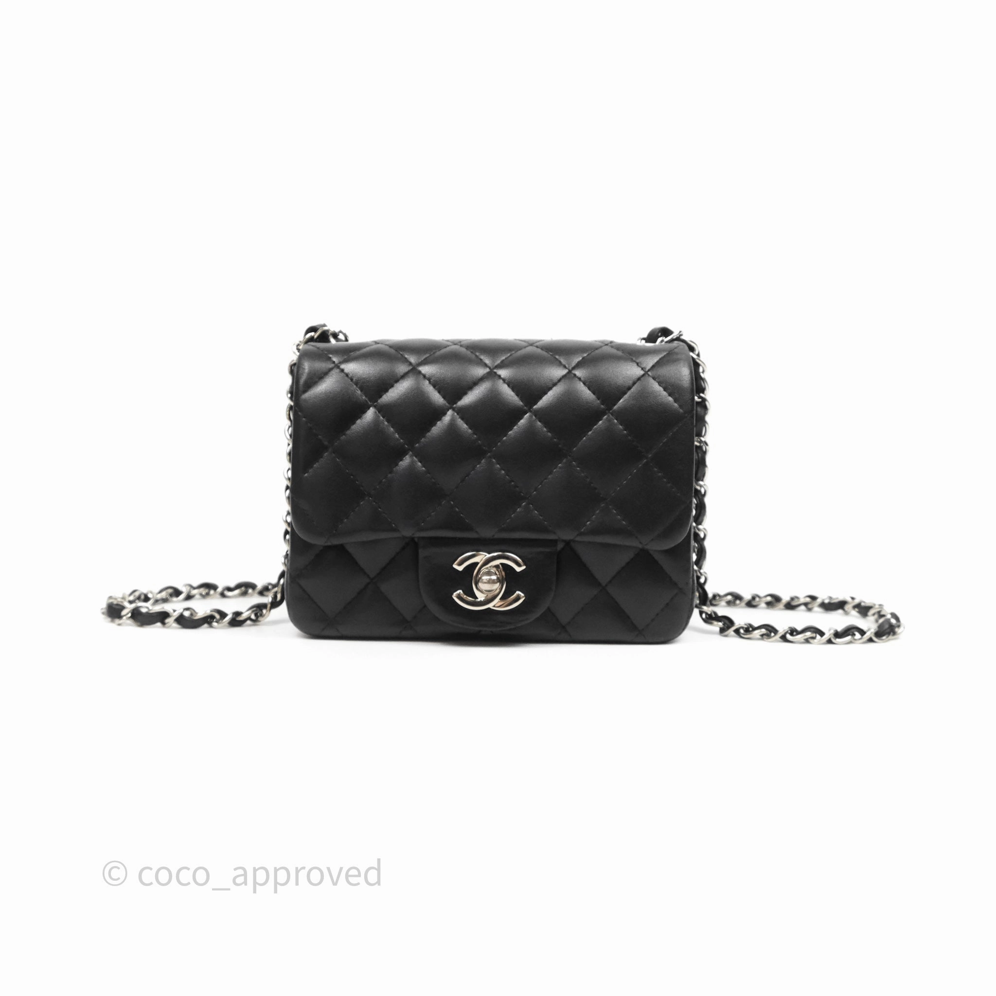 Chanel Mini Square Flap Quilted Black Lambskin Silver Hardware
