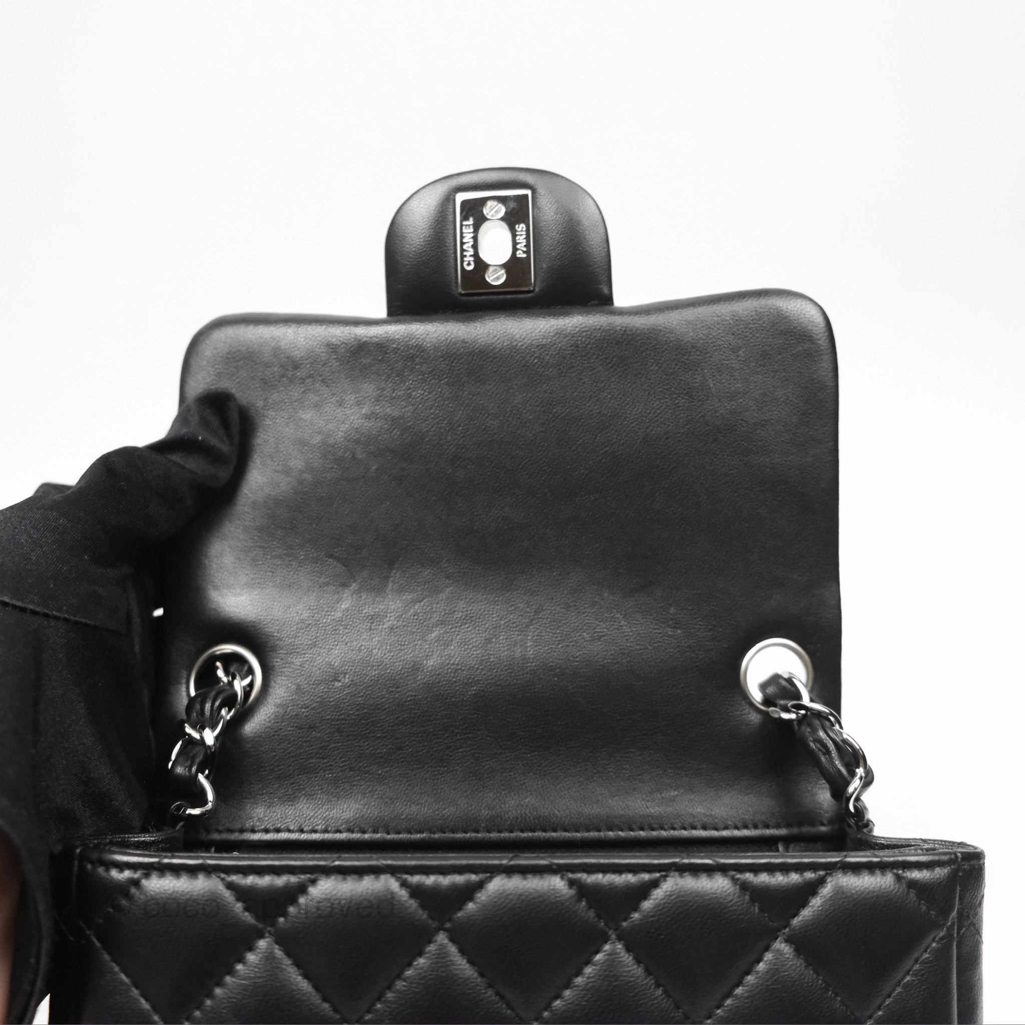 Chanel Mini Square Flap Quilted Black Lambskin Silver Hardware